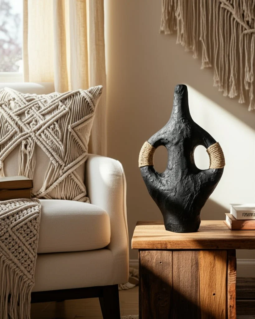 Terracotta 14"h, Double Handle W/twine Vase, Blk - Image 11