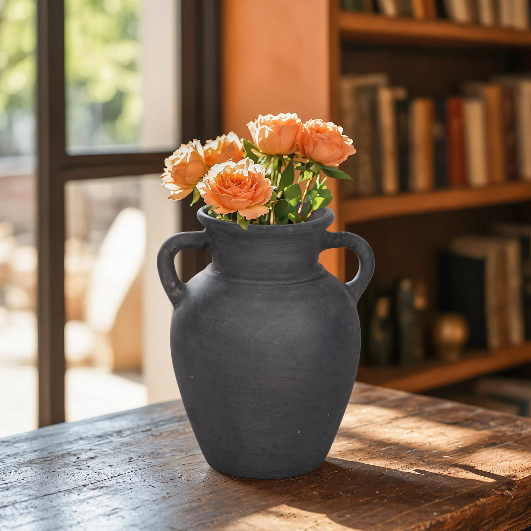 Terracotta, 9" Vase With Handles, Black - Image 10