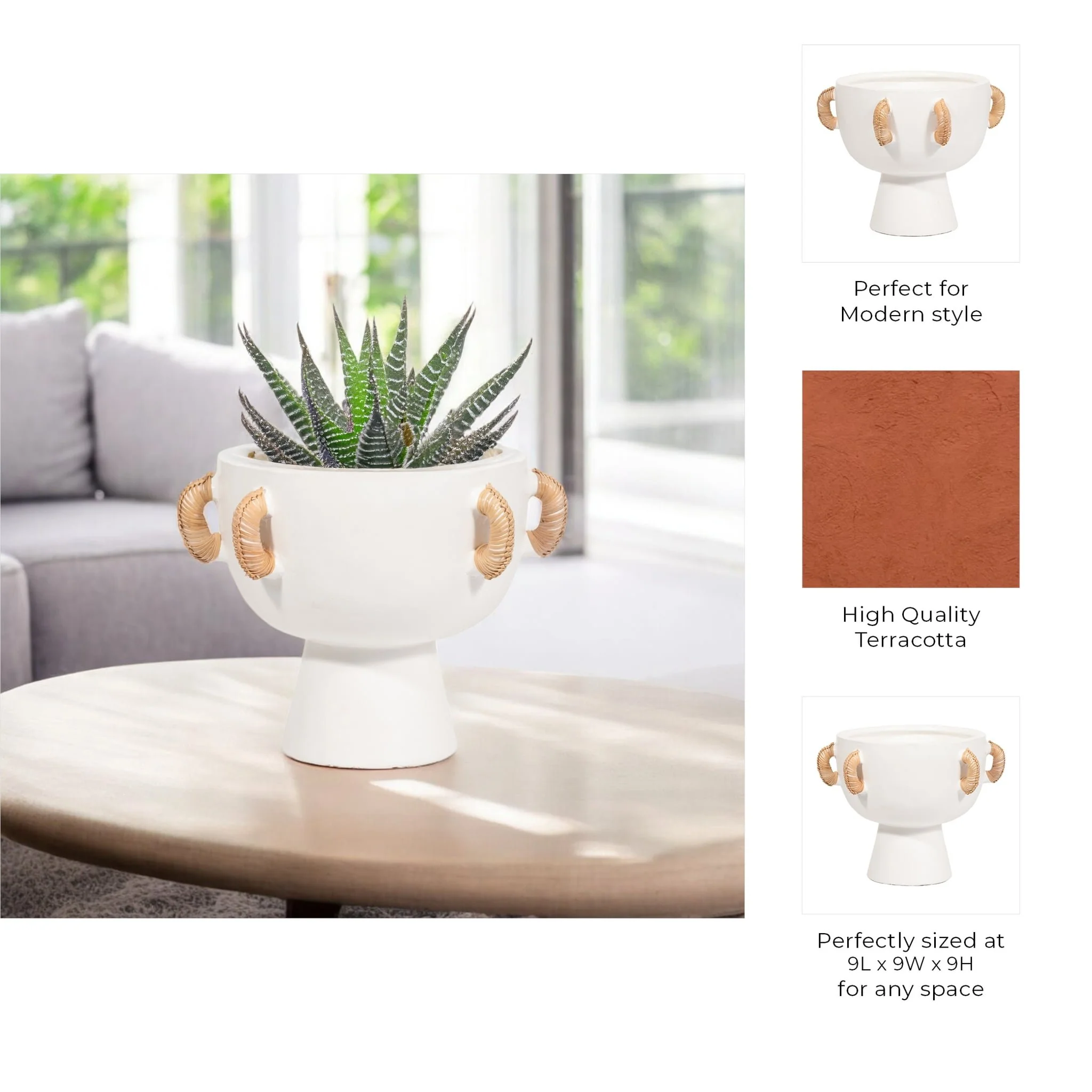 Terracotta, 9"h Eared Bowl On Stand Vase, White - Image 8