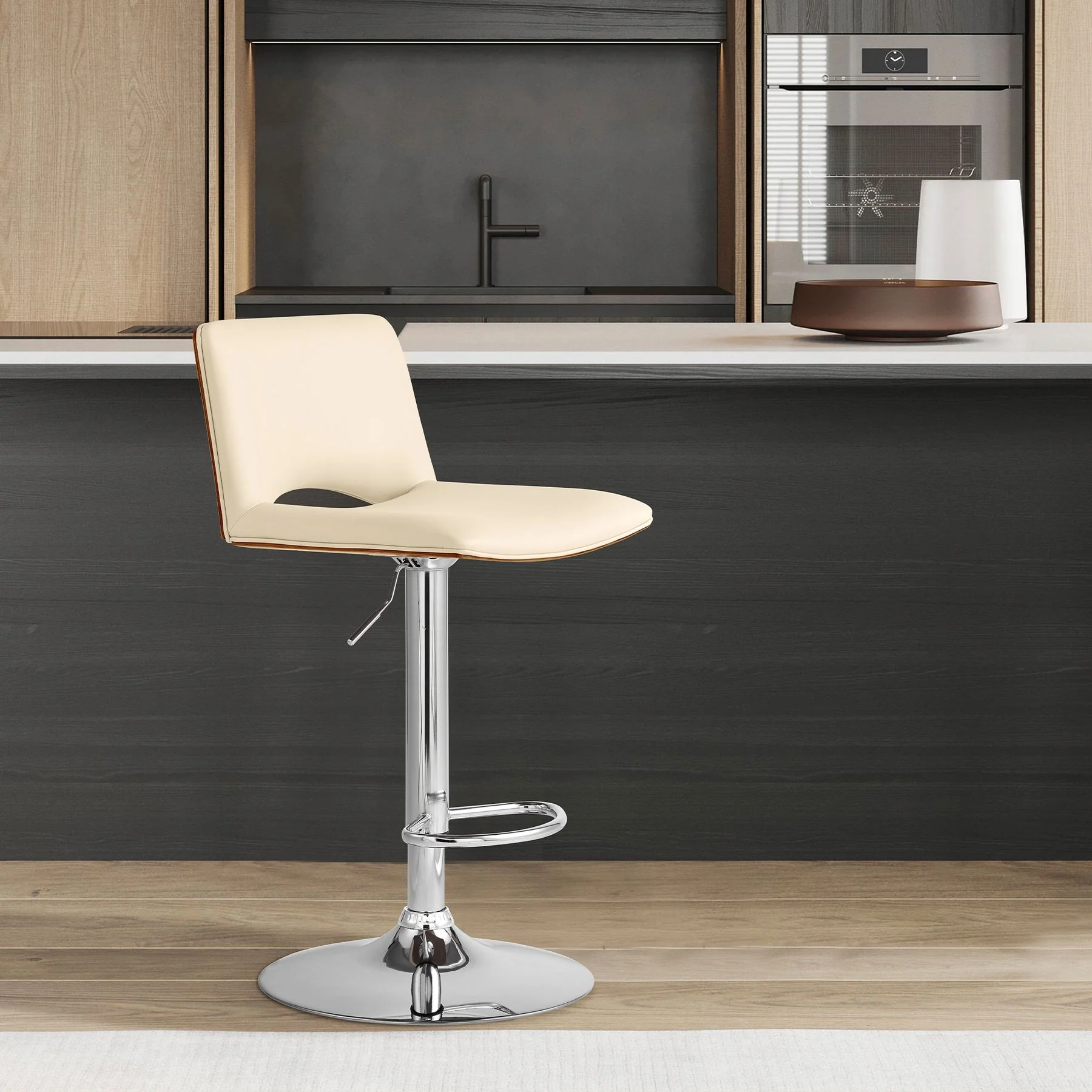 Thierry Adjustable Swivel Cream Faux Leather with Walnut Back and Chrome Bar Stool - Image 9
