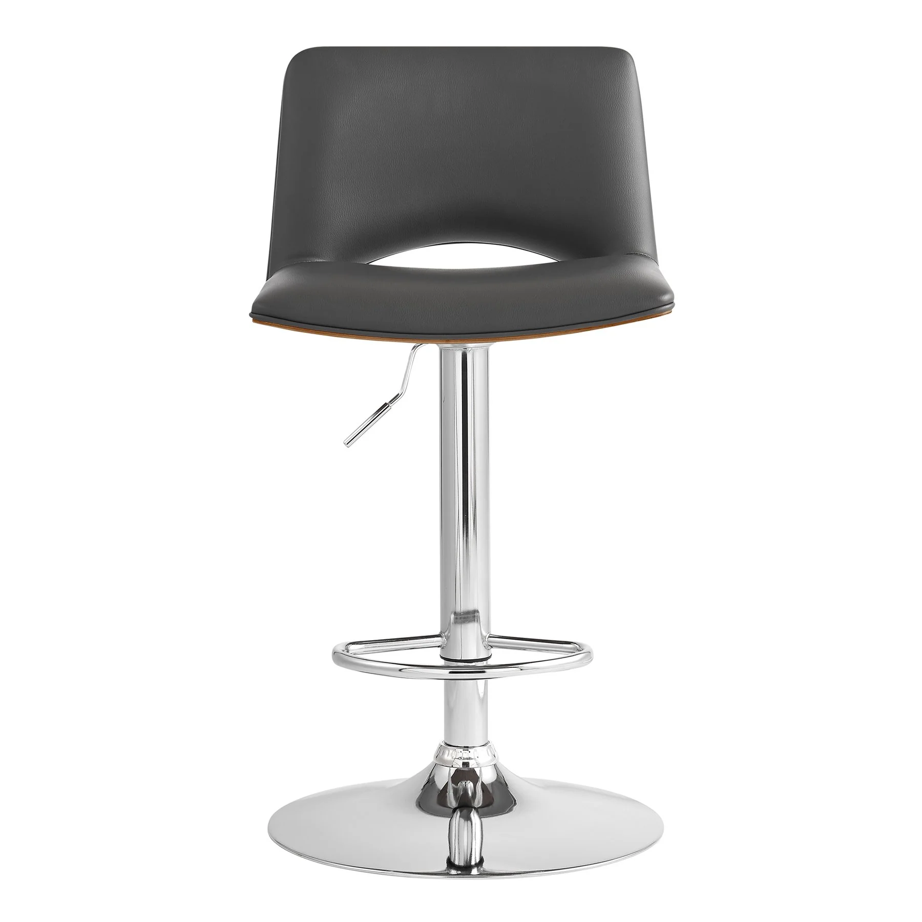 Thierry Adjustable Swivel Gray Faux Leather with Walnut Back and Chrome Bar Stool - Image 2