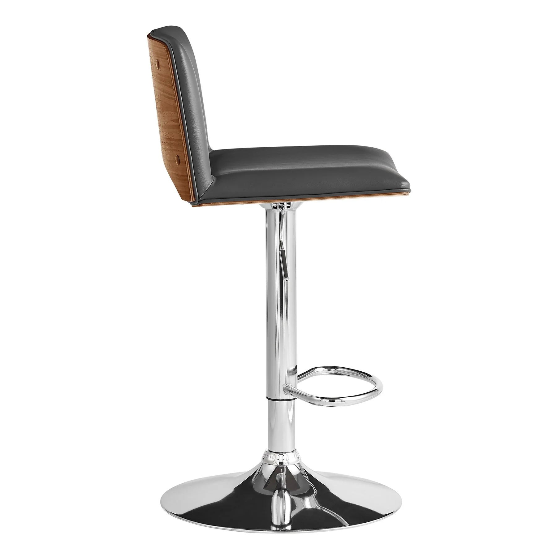 Thierry Adjustable Swivel Gray Faux Leather with Walnut Back and Chrome Bar Stool - Image 3