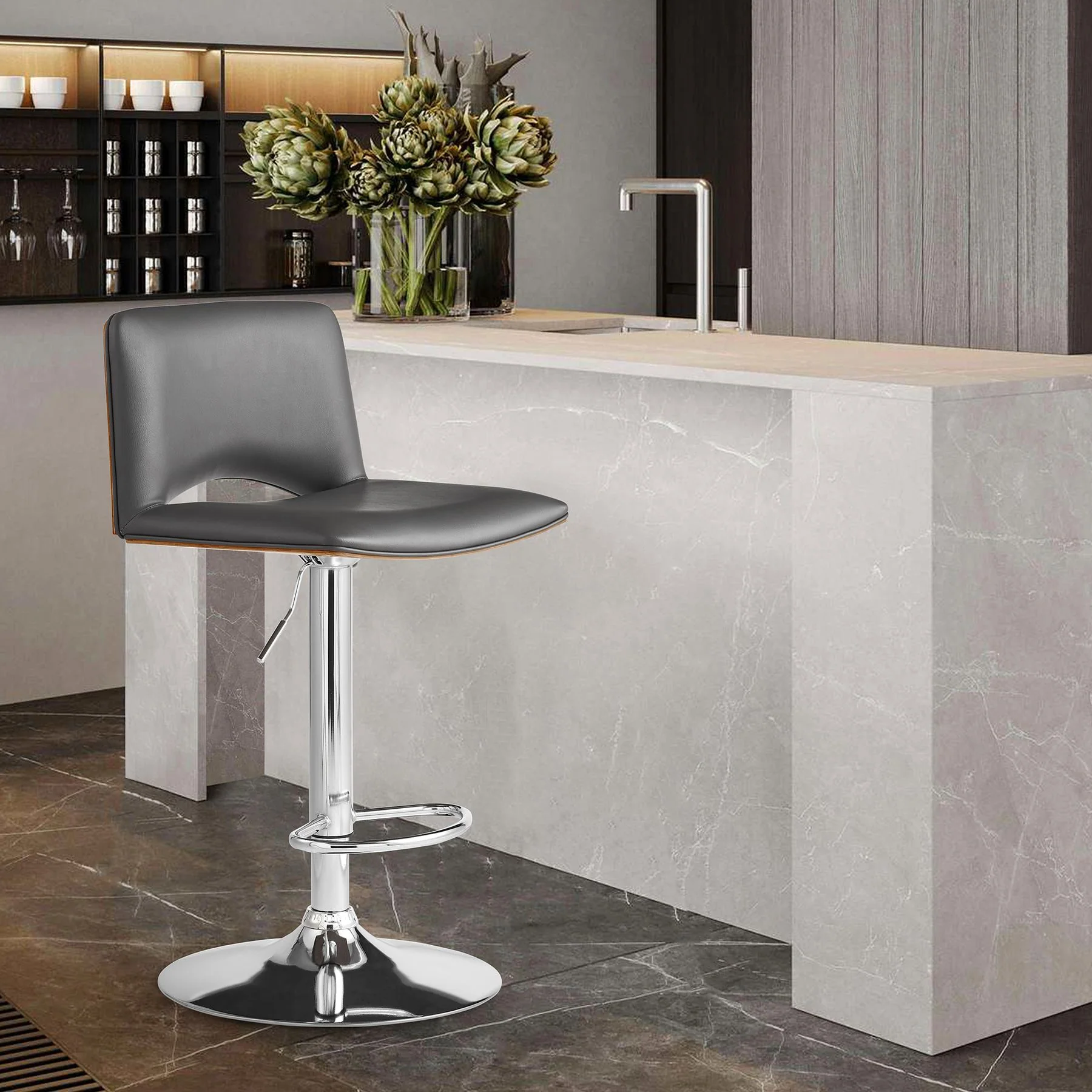 Thierry Adjustable Swivel Gray Faux Leather with Walnut Back and Chrome Bar Stool - Image 9