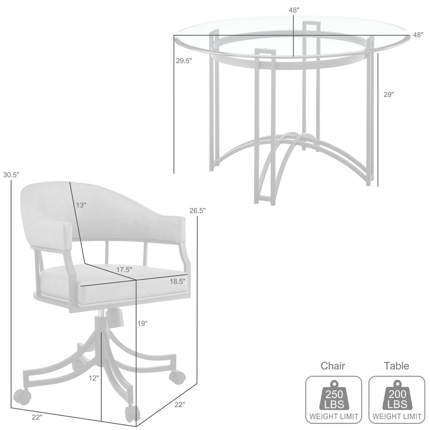 Tibet 5 Piece Dining Set with Round Glass Tabletop and Faux Leather Rolling Chairs - Image 10