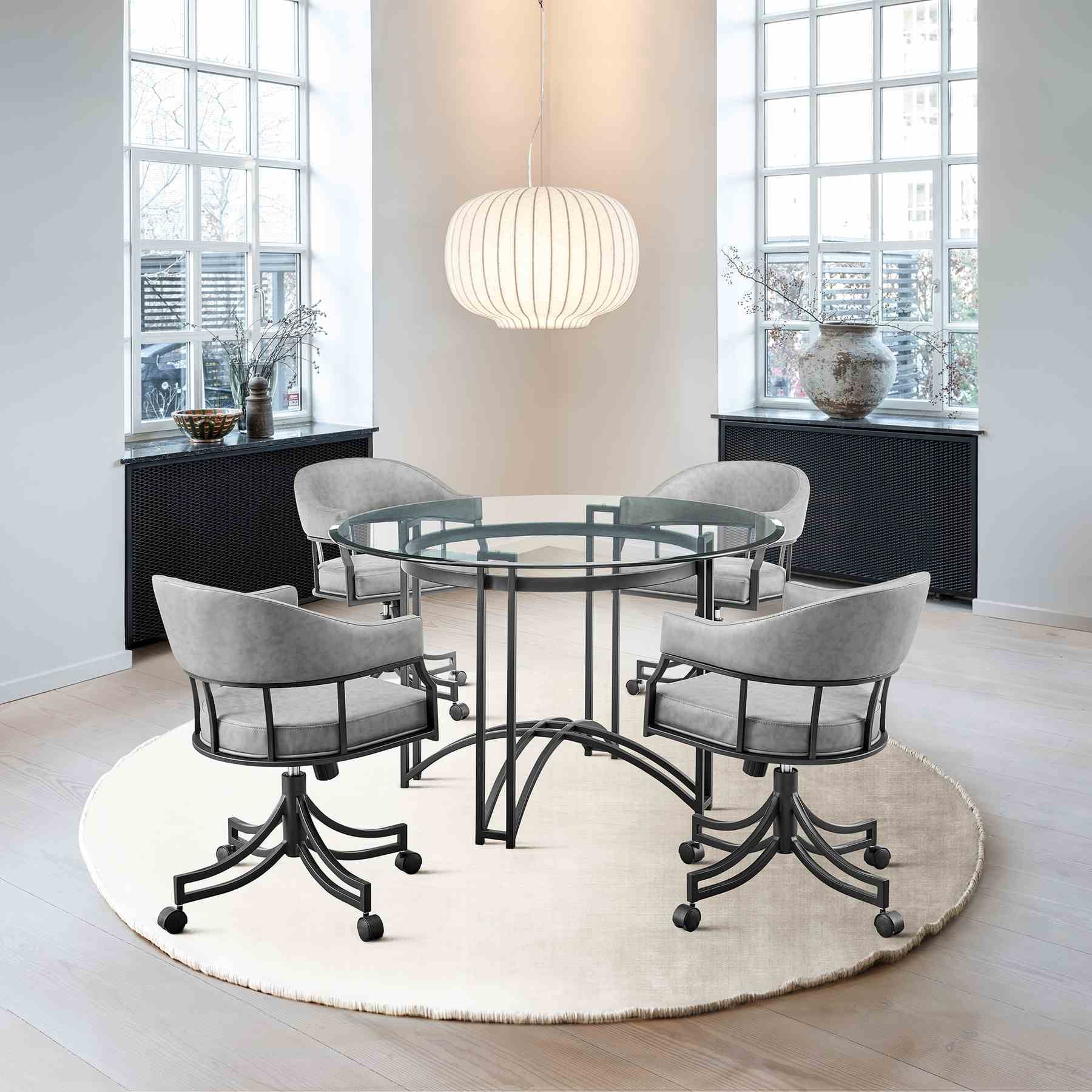 Tibet 5 Piece Dining Set with Round Glass Tabletop and Faux Leather Rolling Chairs - Image 11