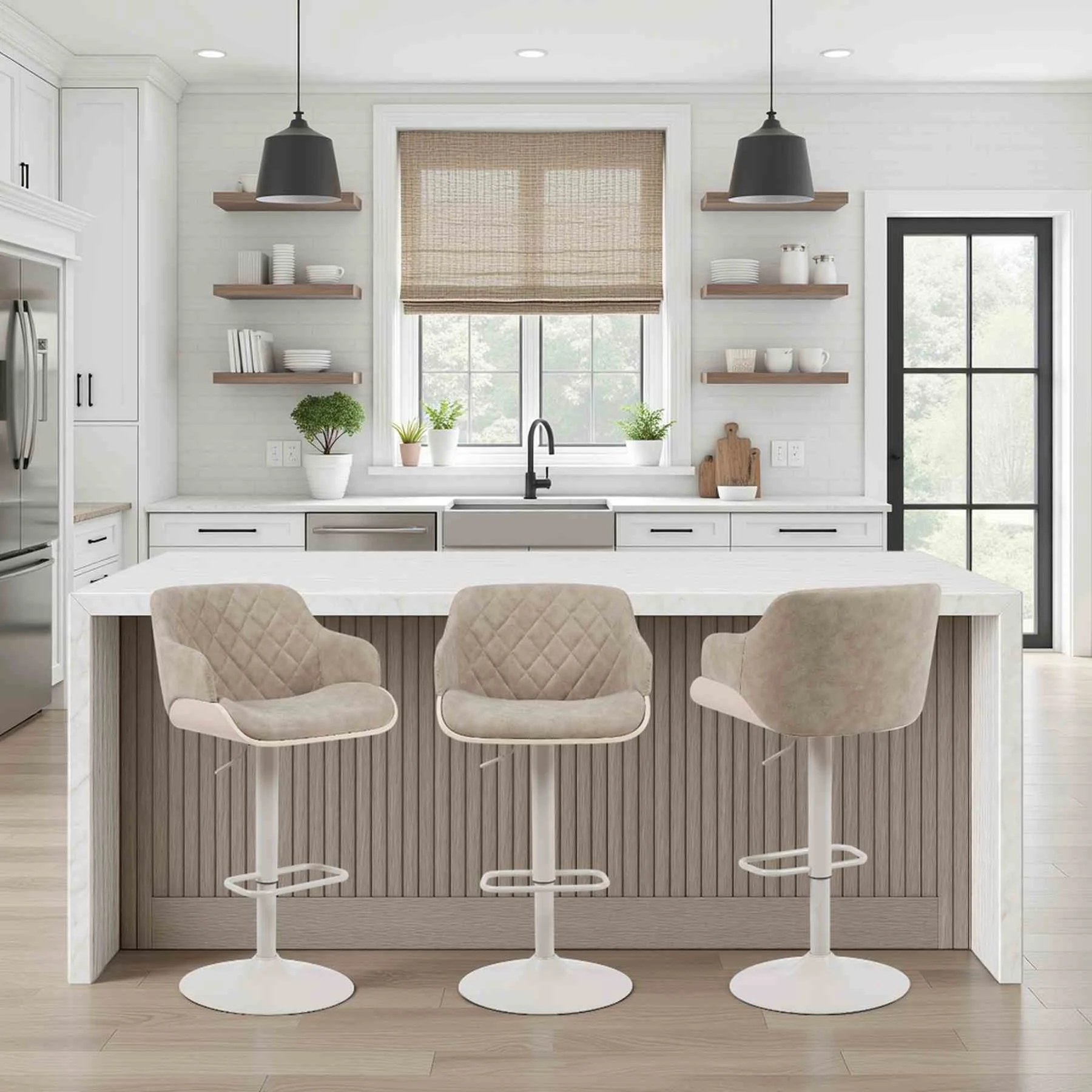 Toby Adjustable Swivel Barstool in Ivory Finish with Vintage Taupe Upholstered Seat and Pale Wood Accents - Image 8