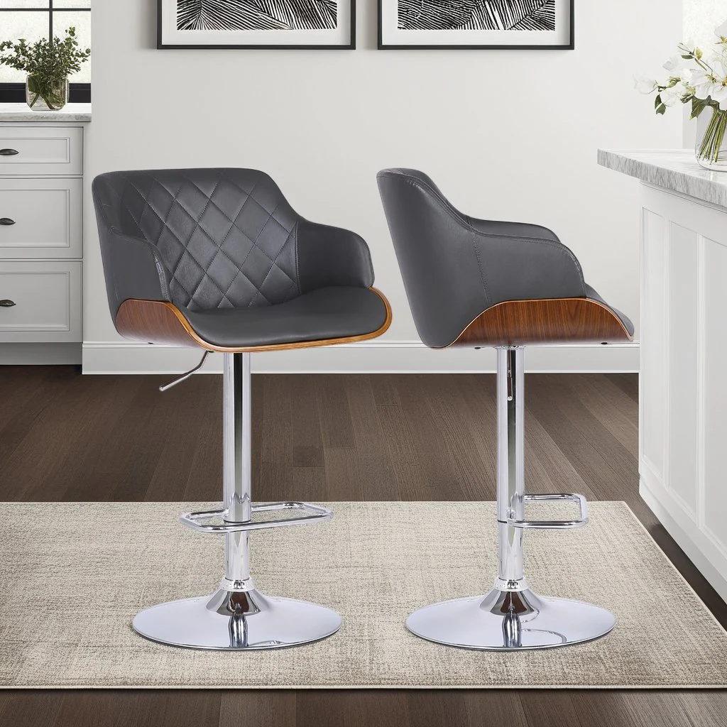 Toby Gray Faux Leather Adjustable Height Swivel Walnut Wood and Chrome Bar Stool - Image 6