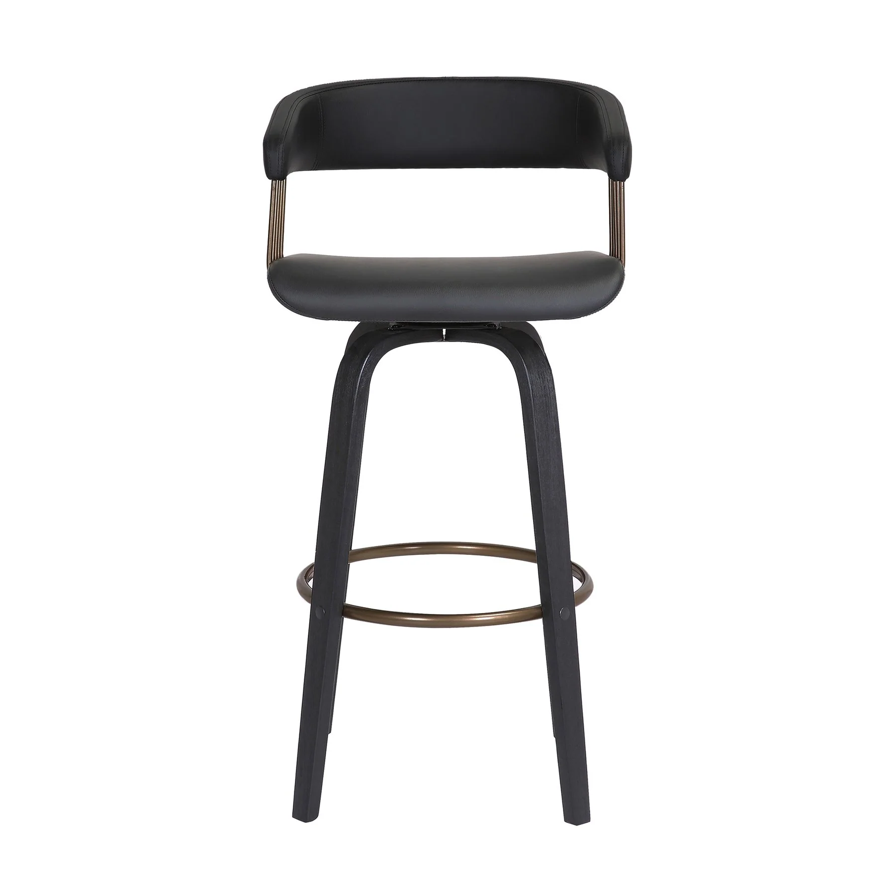 Topanga 26" Swivel Black Wood Counter Stool in Black Faux Leather with Golden Bronze Metal - Image 2