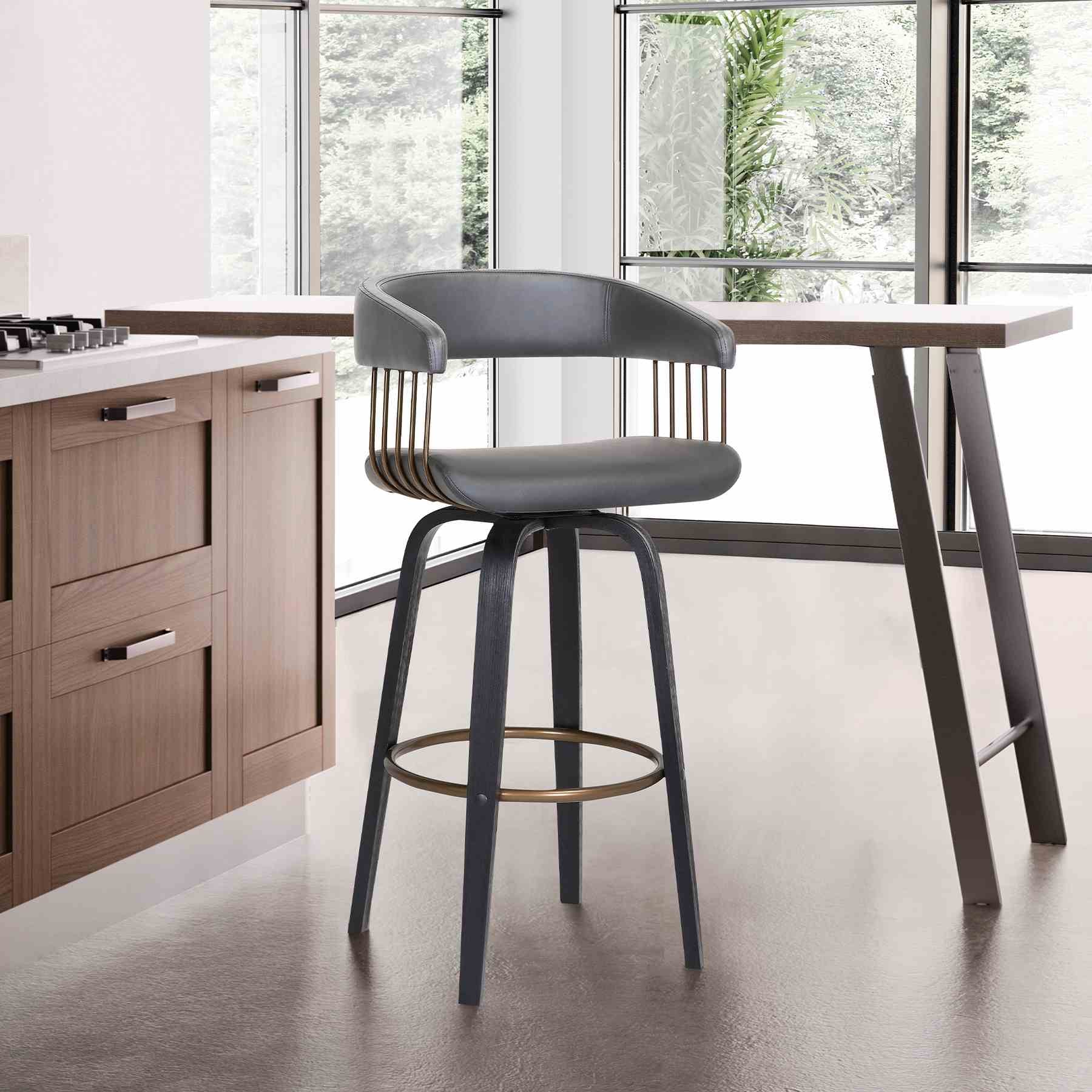 Topanga 26" Swivel Black Wood Counter Stool in Gray Faux Leather with Golden Bronze Metal - Image 10