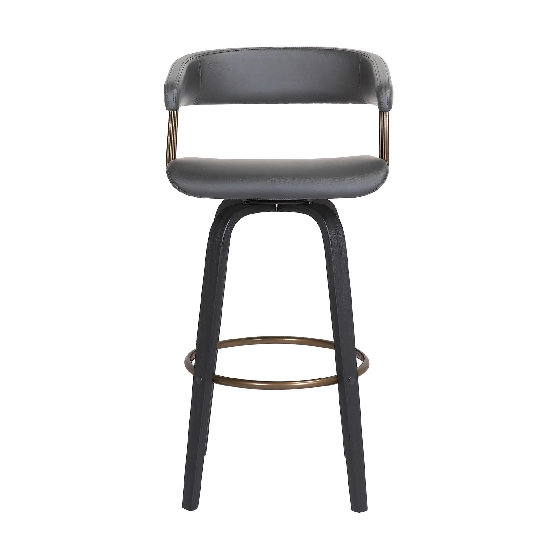 Topanga 26" Swivel Black Wood Counter Stool in Gray Faux Leather with Golden Bronze Metal - Image 2