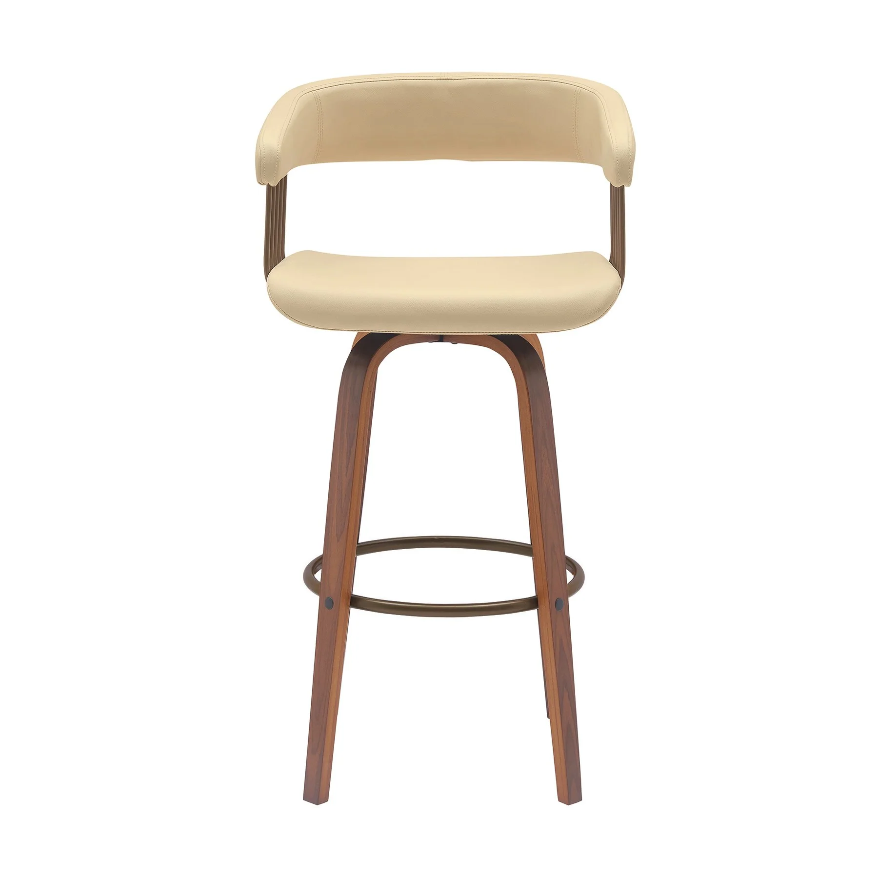 Topanga 26" Swivel Walnut Wood Counter Stool in Cream Faux Leather with Golden Bronze Metal - Image 2