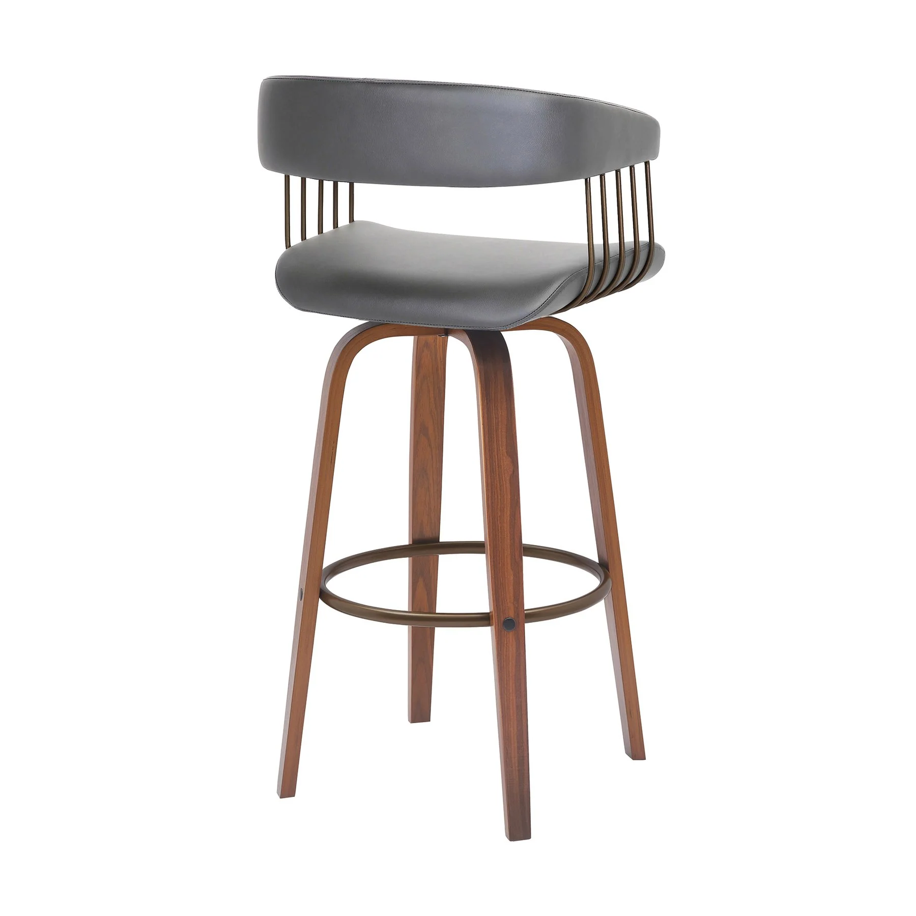 Topanga 26" Swivel Walnut Wood Counter Stool in Gray Faux Leather with Golden Bronze Metal - Image 3