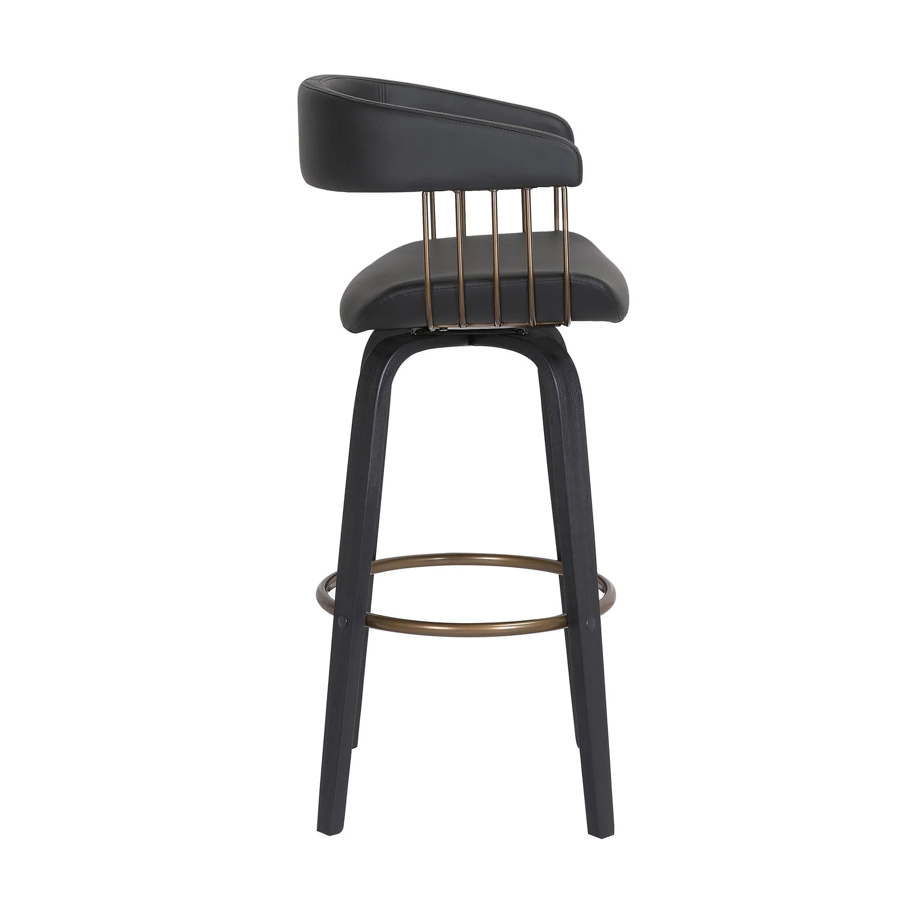 Topanga 30.5" Swivel Black Wood Bar Stool in Black Faux Leather with Golden Bronze Metal - Image 3