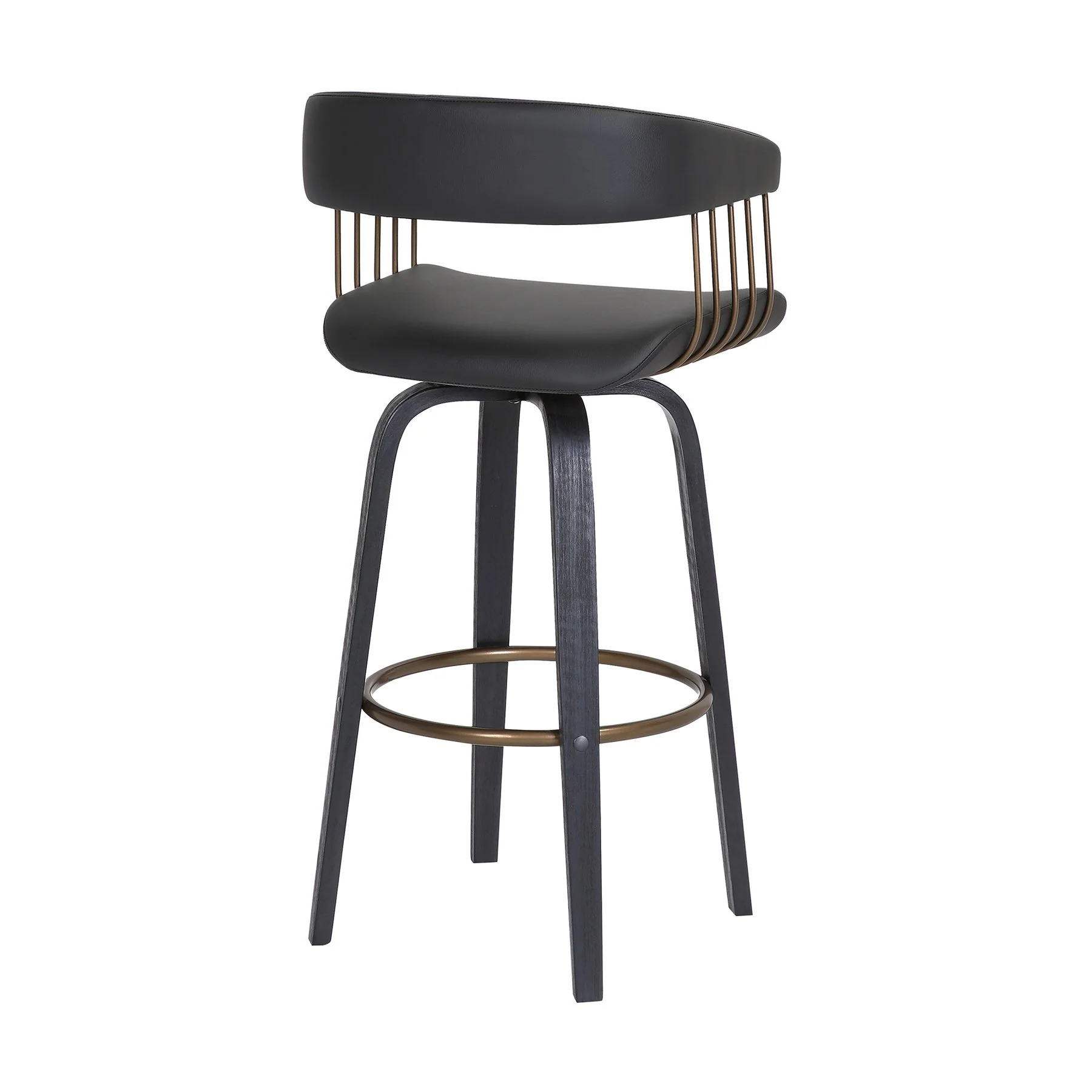 Topanga 30.5" Swivel Black Wood Bar Stool in Black Faux Leather with Golden Bronze Metal - Image 4