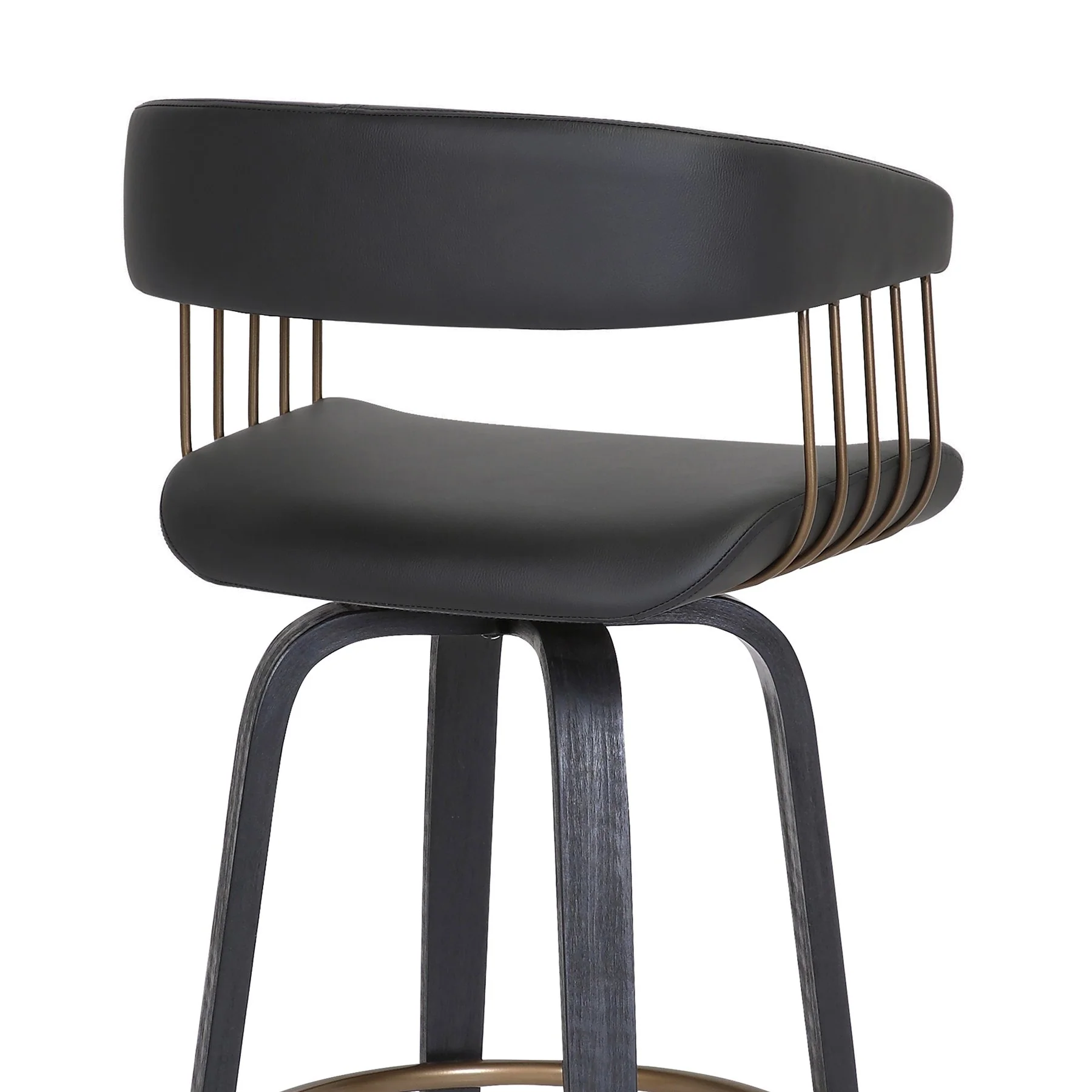 Topanga 30.5" Swivel Black Wood Bar Stool in Black Faux Leather with Golden Bronze Metal - Image 6