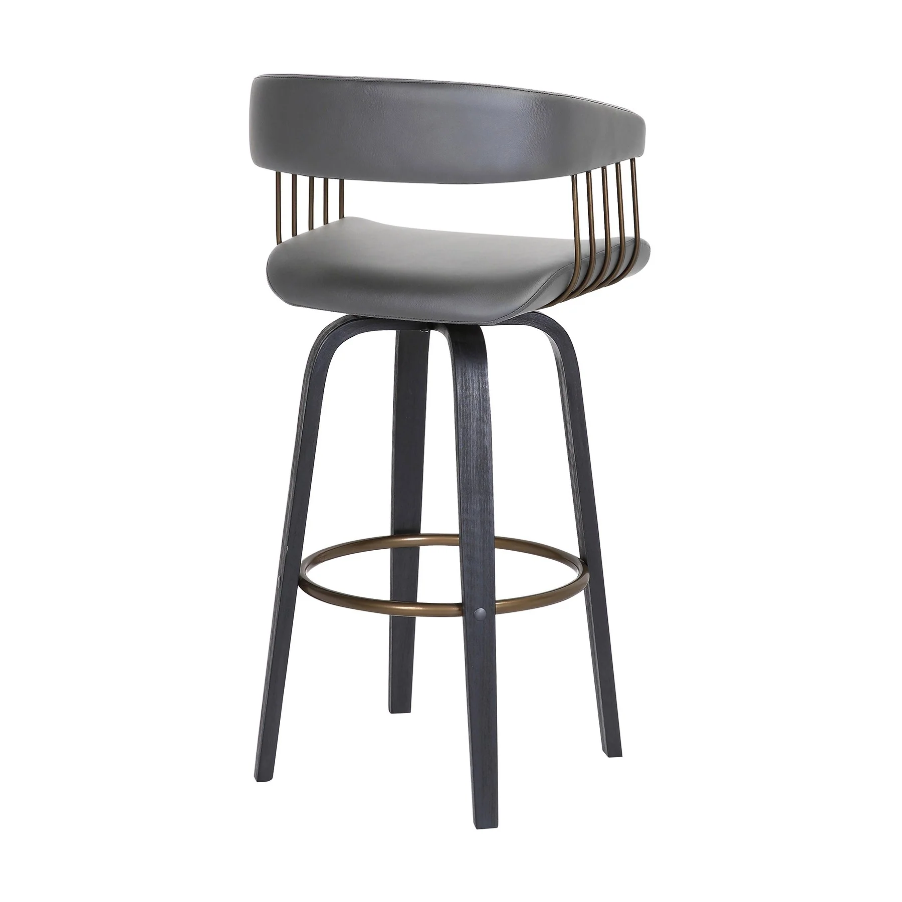 Topanga 30.5" Swivel Black Wood Bar Stool in Gray Faux Leather with Golden Bronze Metal - Image 4