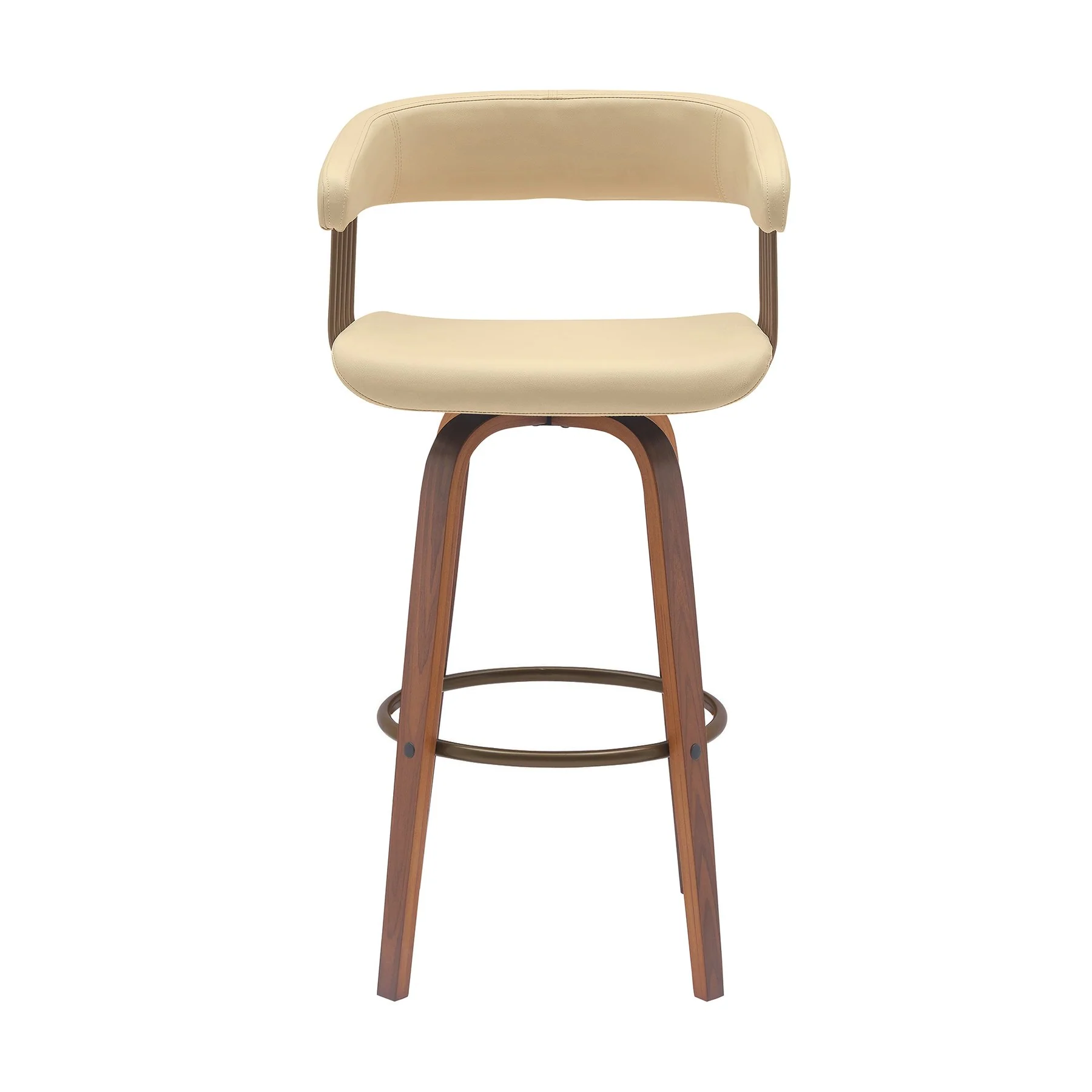 Topanga 30.5" Swivel Walnut Wood Bar Stool in Cream Faux Leather with Golden Bronze Metal - Image 2