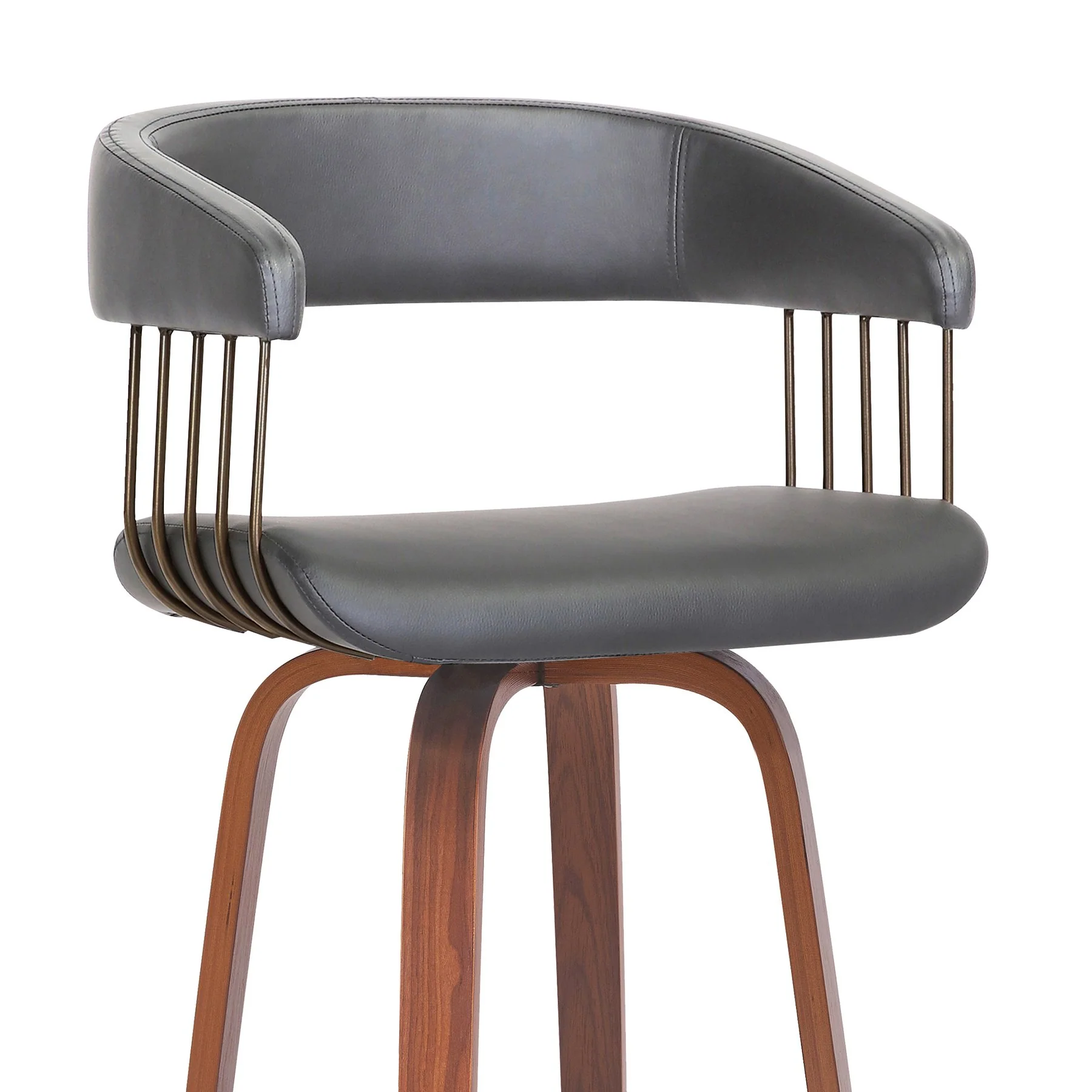 Topanga 30.5" Swivel Walnut Wood Bar Stool in Gray Faux Leather with Golden Bronze Metal - Image 4