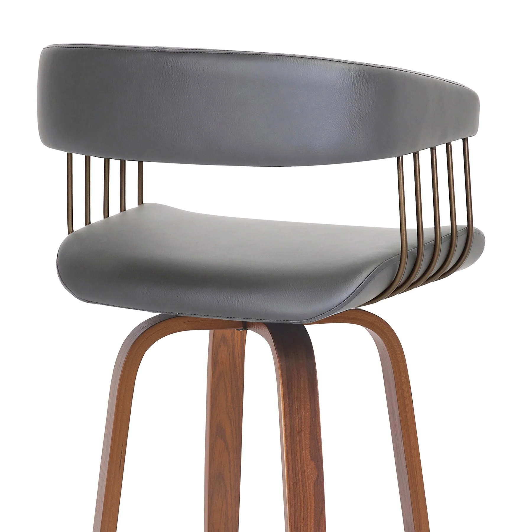 Topanga 30.5" Swivel Walnut Wood Bar Stool in Gray Faux Leather with Golden Bronze Metal - Image 5