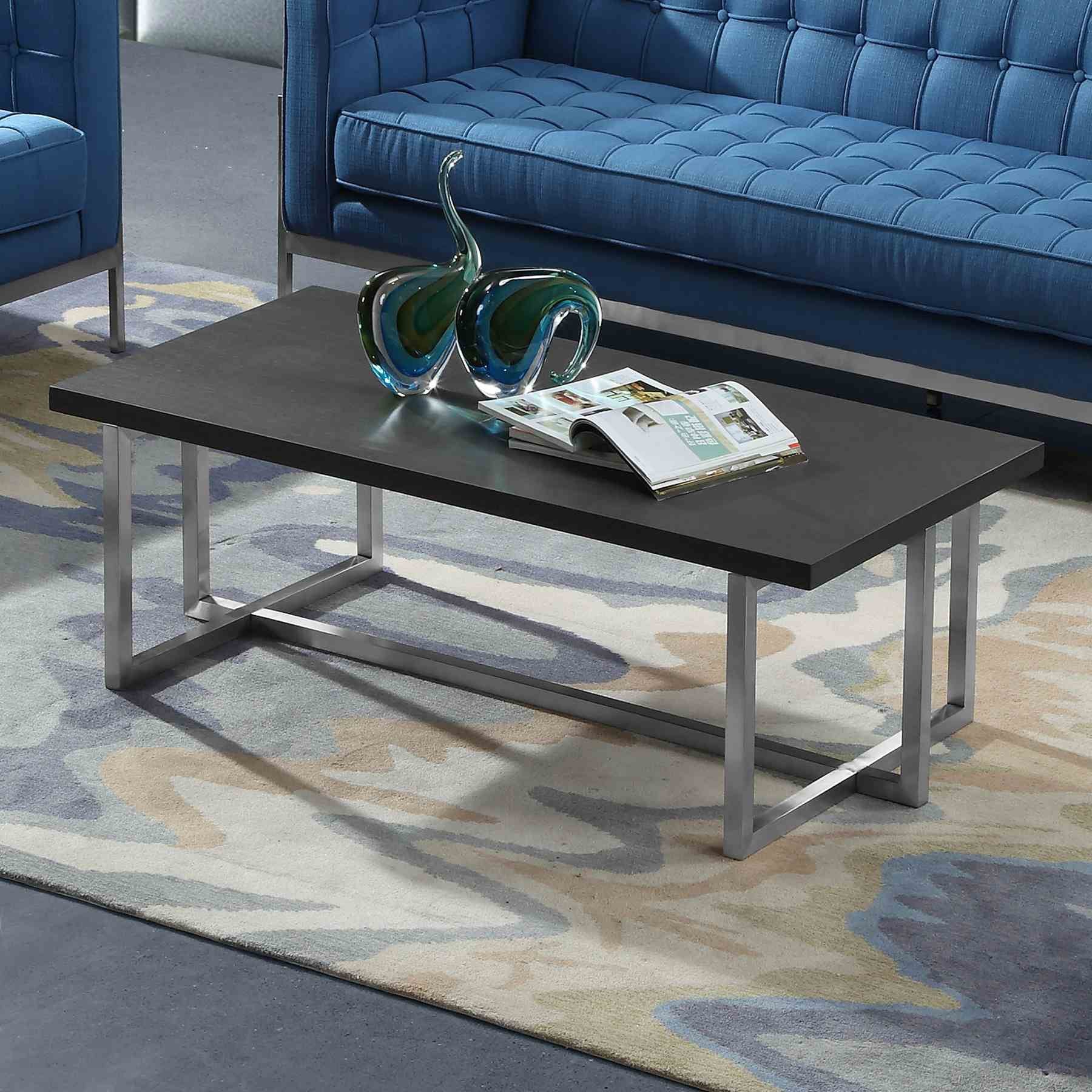 Topaz Contemporary Rectangular Coffee Table in Brushed Stainless Steel with Gray Wood Top - Image 2