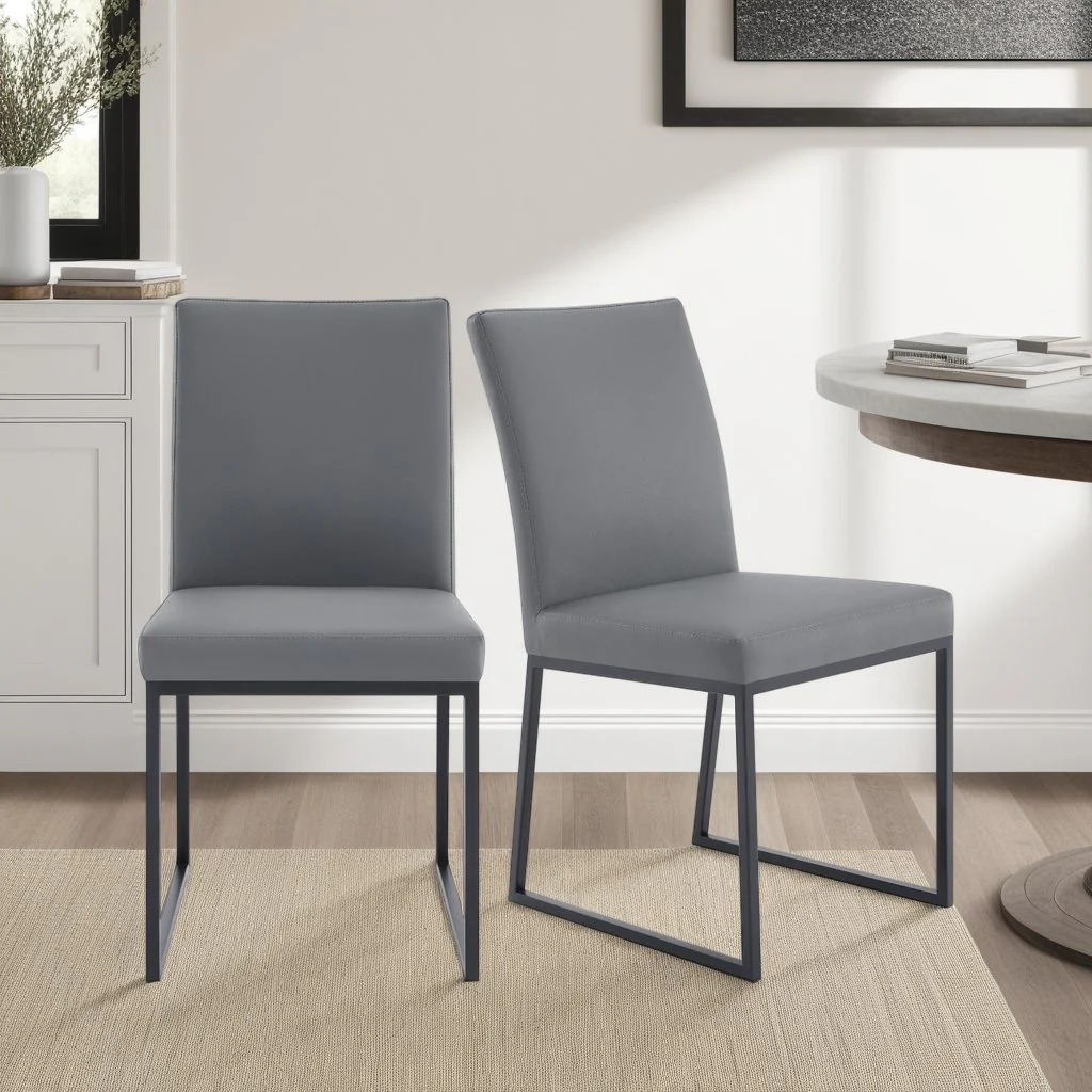 Trevor Contemporary Dining Chair in Matte Black Finish and Gray Faux Leather - Set of 2 - Image 9