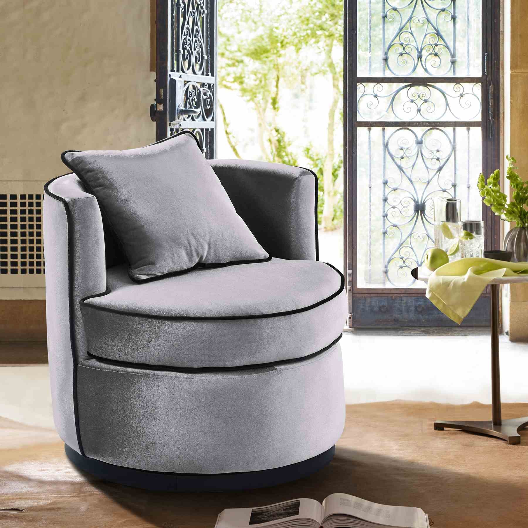 Truly Contemporary Swivel Chair in Gray Velvet and Black Velvet Piping - Image 4