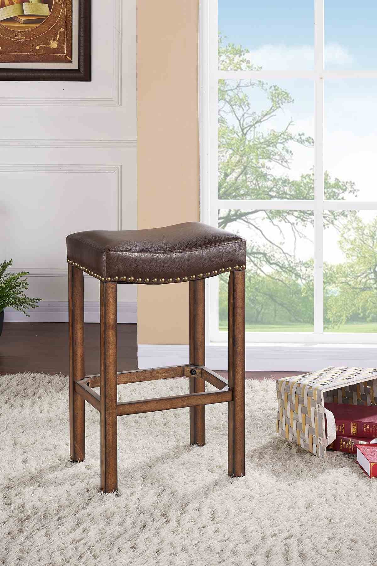 Tudor 30" Bar Height Wood Backless Barstool in Chestnut Finish and Kahlua Faux Leather - Image 5