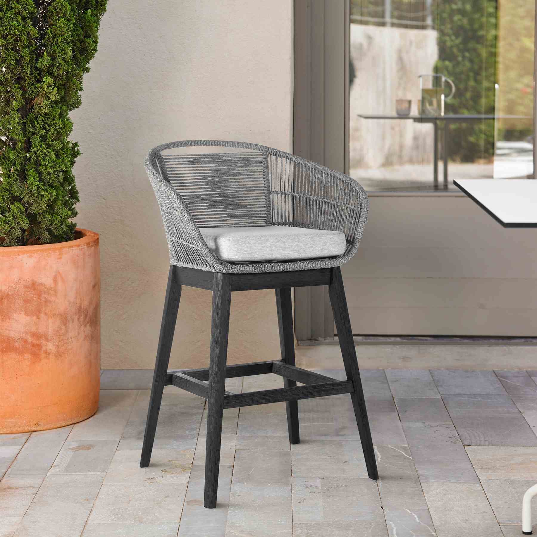 Tutti Frutti Indoor Outdoor Bar Height Bar Stool in Black Brushed Eucalyptus Wood with Gray Rope - Image 10