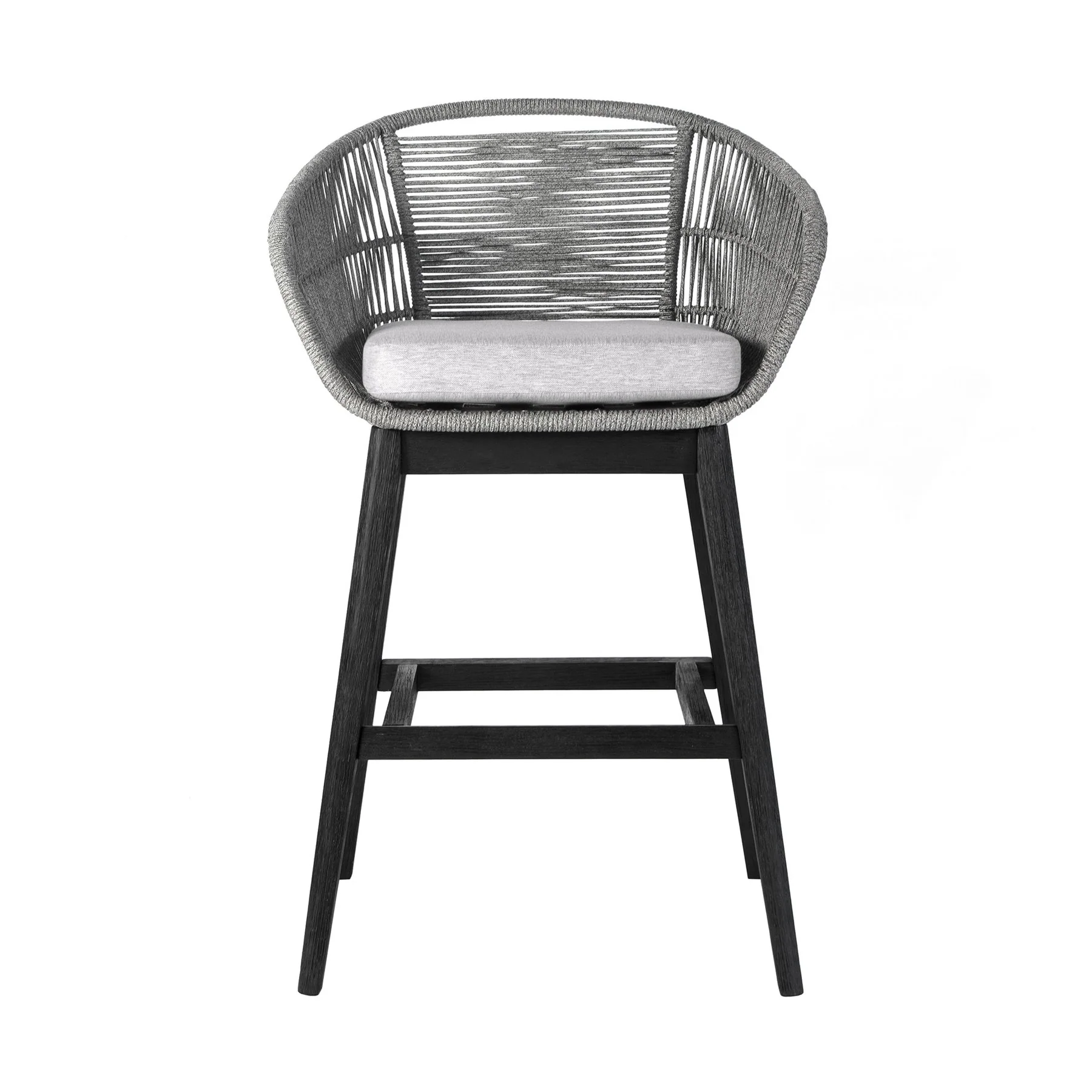 Tutti Frutti Indoor Outdoor Bar Height Bar Stool in Black Brushed Eucalyptus Wood with Gray Rope - Image 2