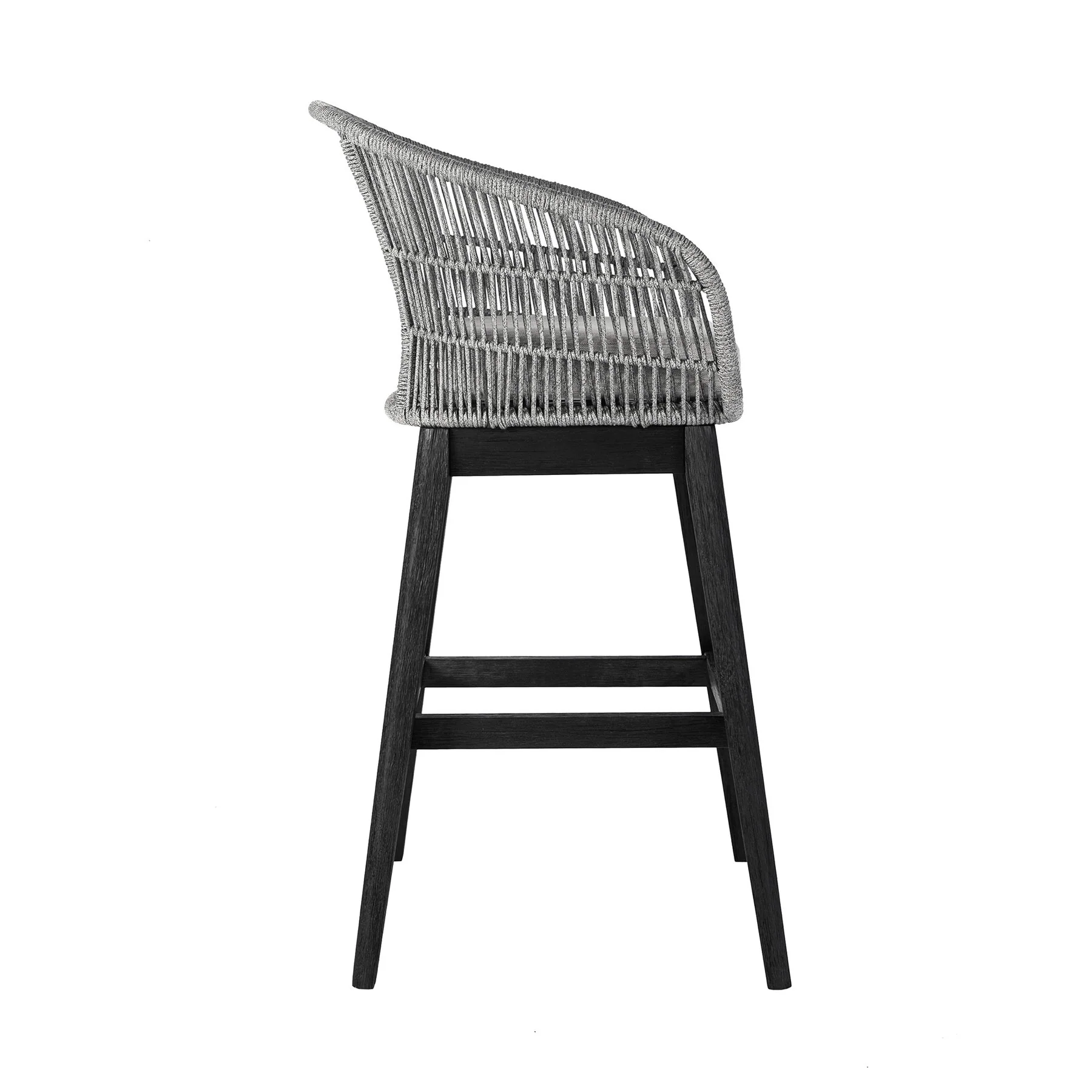 Tutti Frutti Indoor Outdoor Bar Height Bar Stool in Black Brushed Eucalyptus Wood with Gray Rope - Image 3