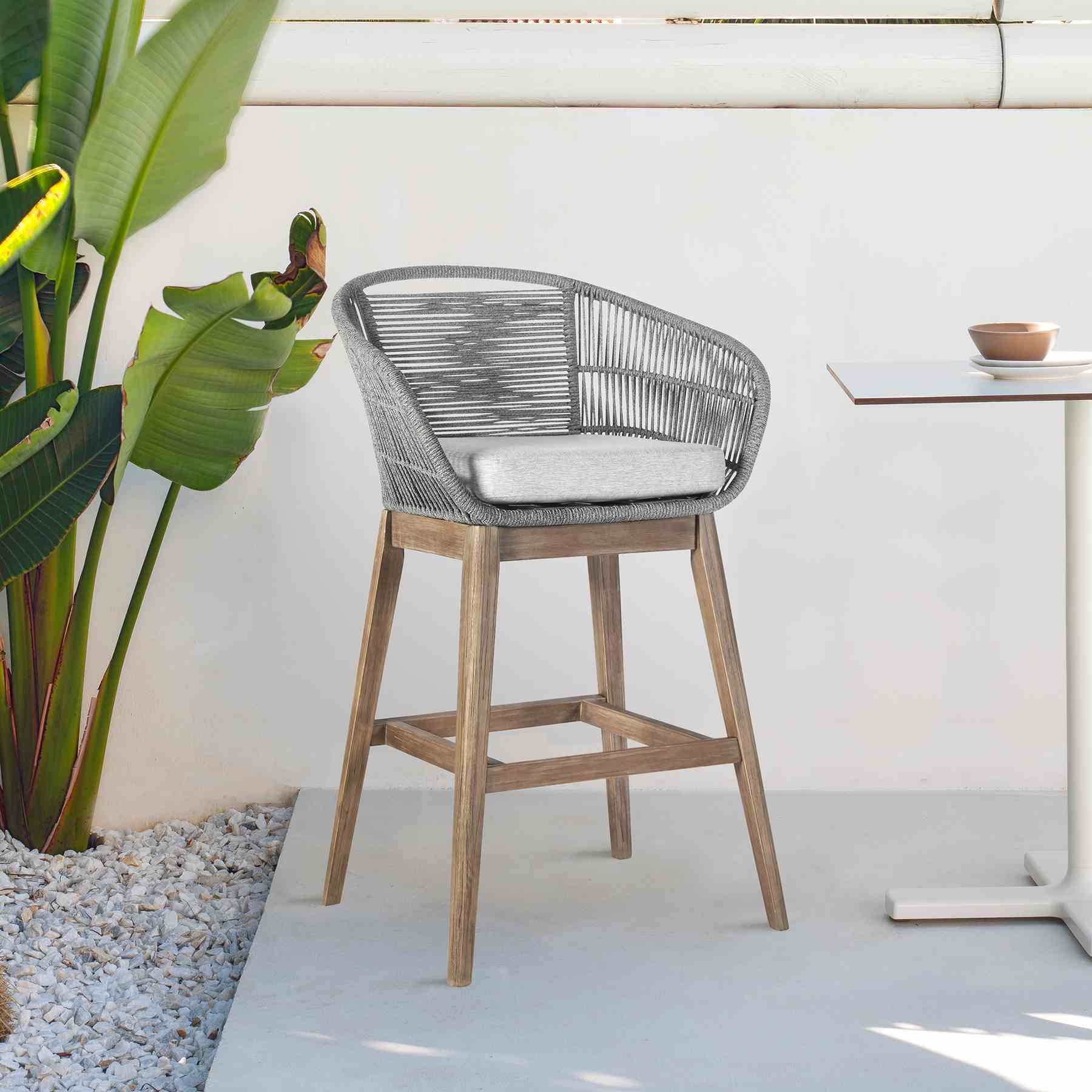 Tutti Frutti Indoor Outdoor Bar Height Bar Stool in Light Eucalyptus Wood with Gray Rope - Image 10