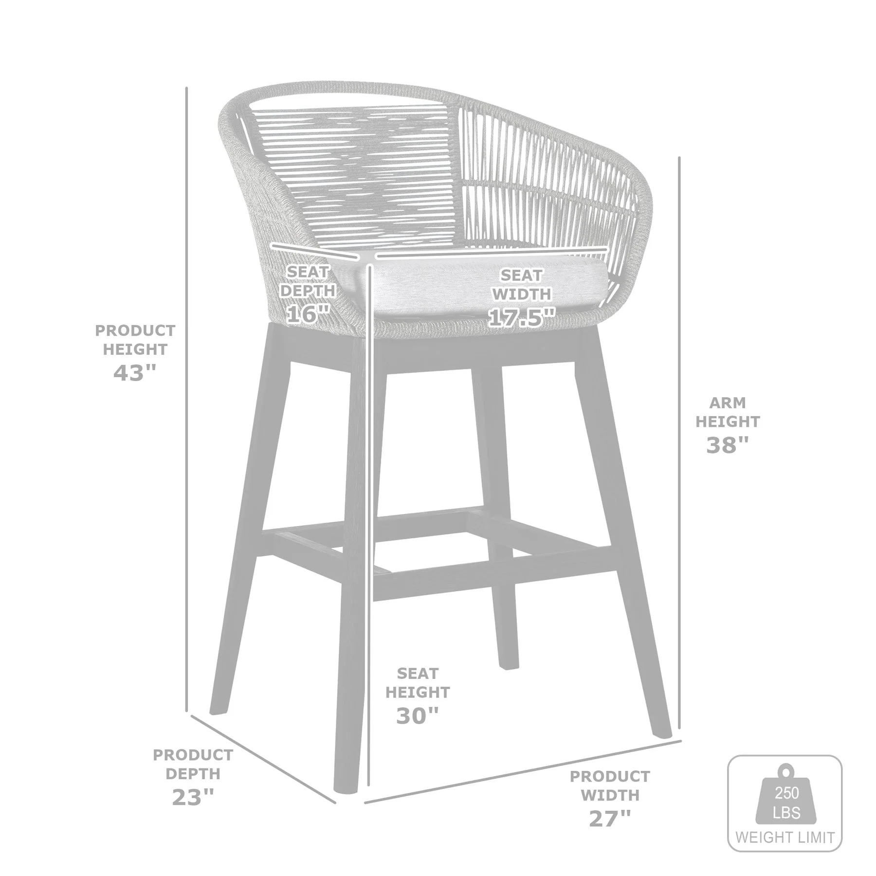 Tutti Frutti Indoor Outdoor Bar Height Bar Stool in Light Eucalyptus Wood with Gray Rope - Image 9