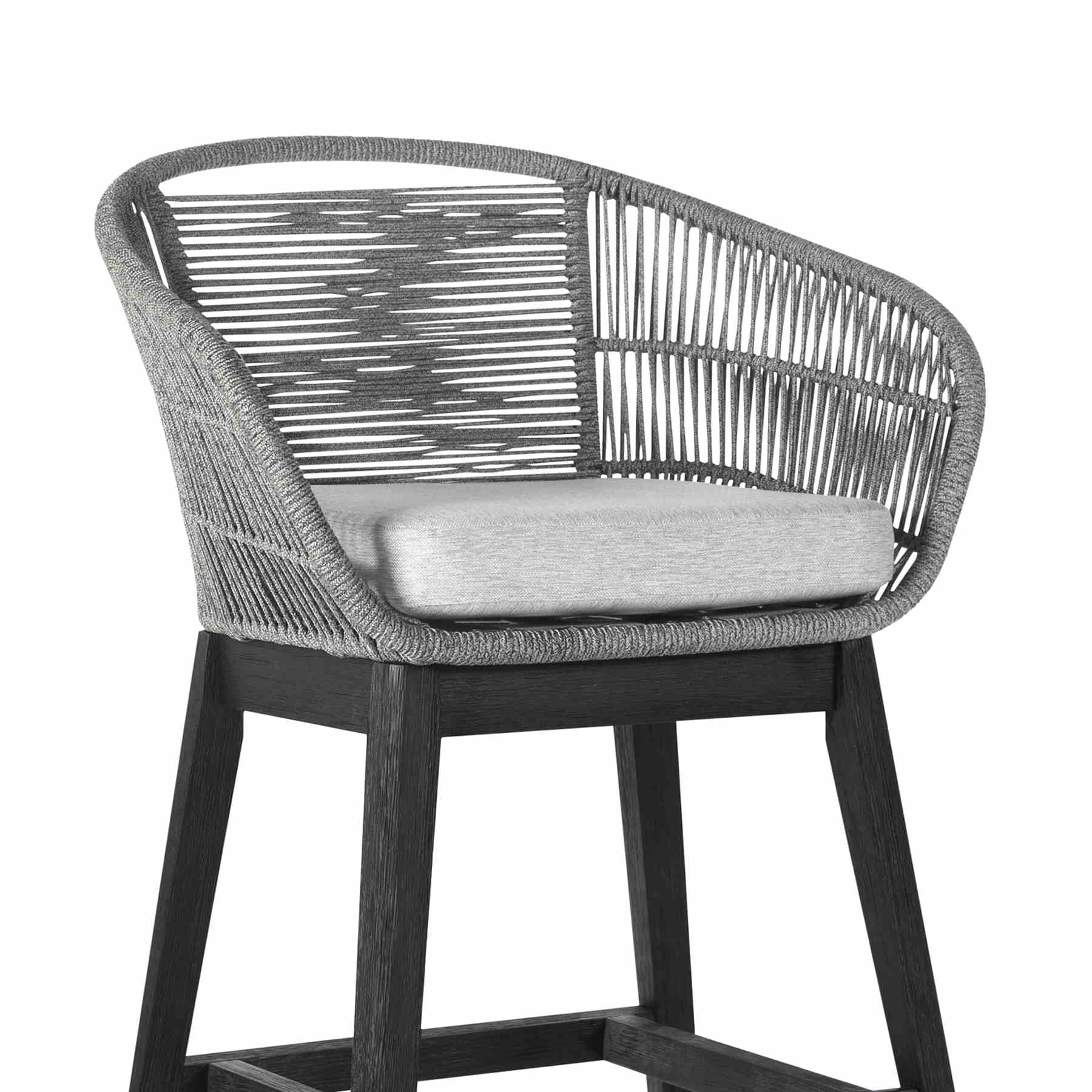 Tutti Frutti Indoor Outdoor Counter Height Bar Stool in Black Brushed Eucalyptus Wood with Gray Rope - Image 5
