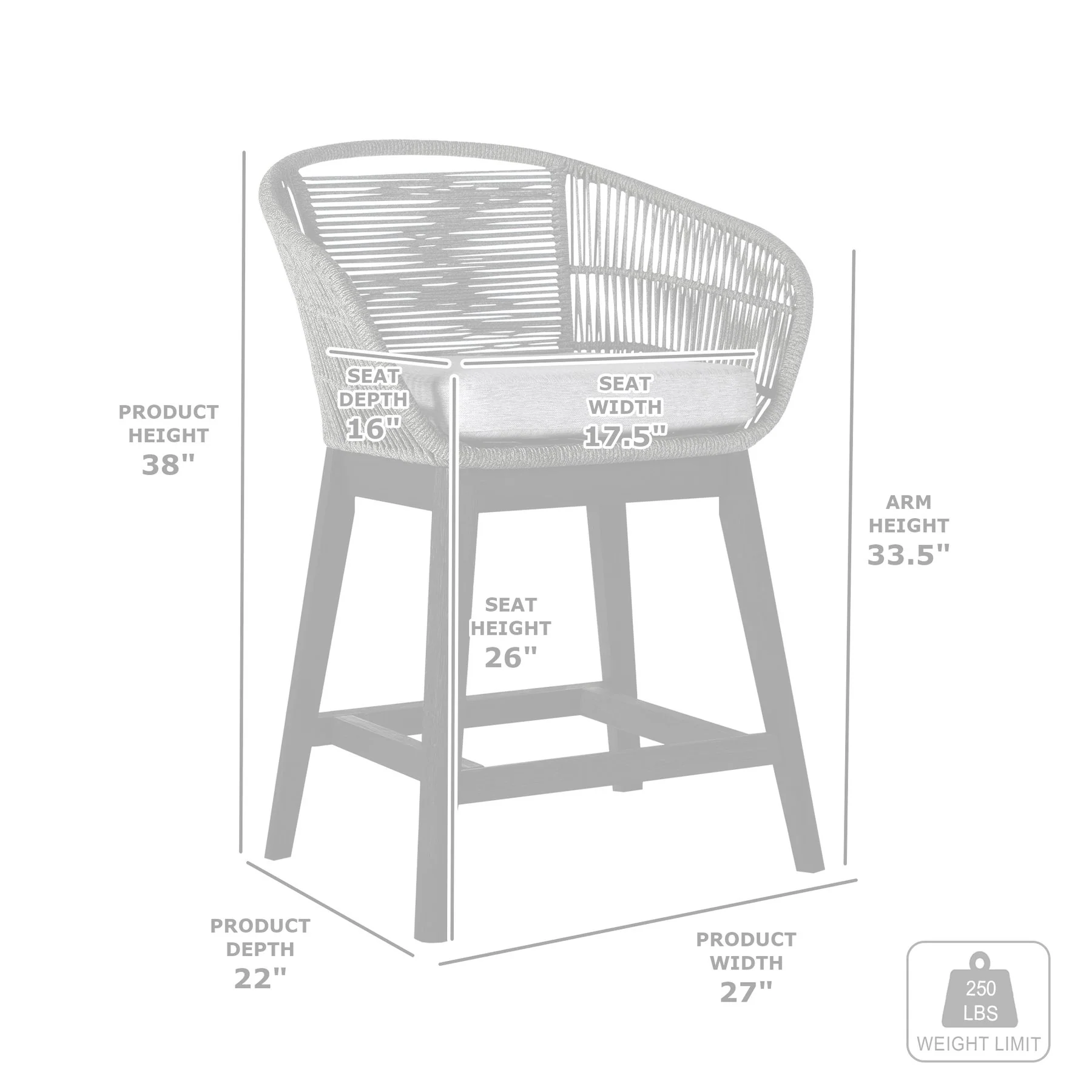 Tutti Frutti Indoor Outdoor Counter Height Bar Stool in Black Brushed Eucalyptus Wood with Gray Rope - Image 9