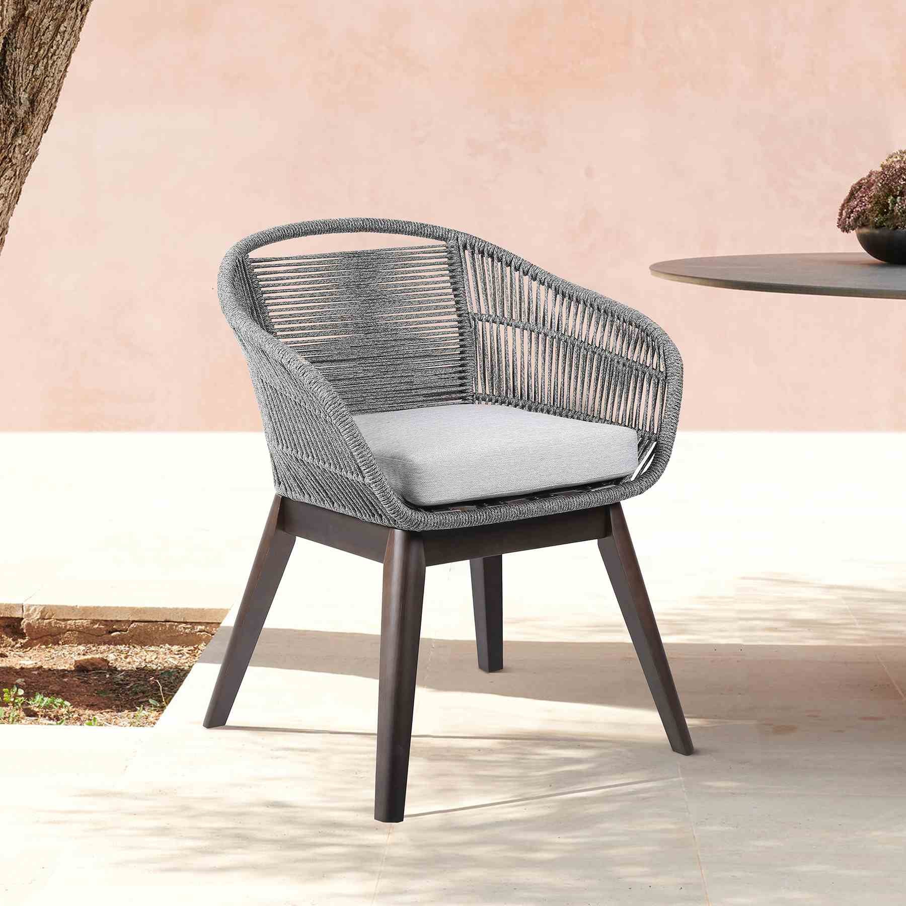 Tutti Frutti Indoor Outdoor Dining Chair in Dark Eucalyptus Wood with Gray Rope and Gray Cushion - Image 8