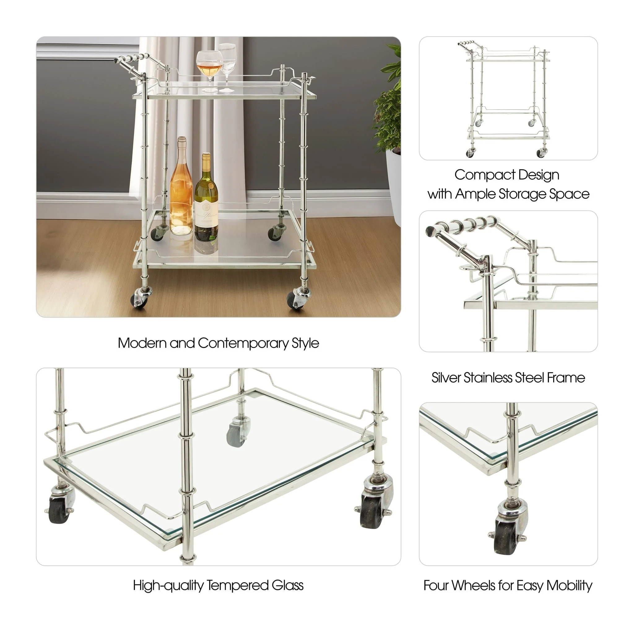 Two Tier 30"h Rolling Bar Cart, Silver - Image 4