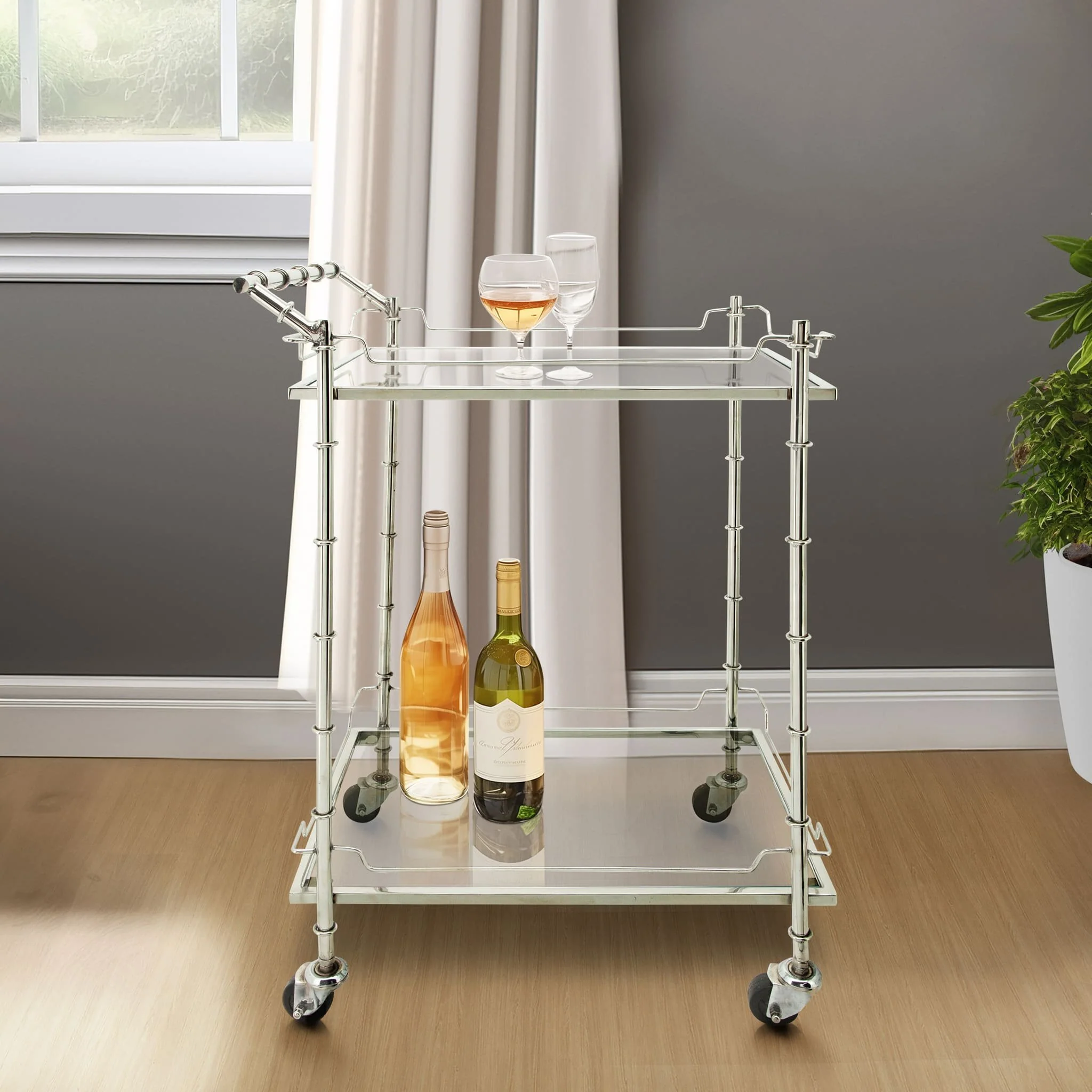 Two Tier 30"h Rolling Bar Cart, Silver - Image 5