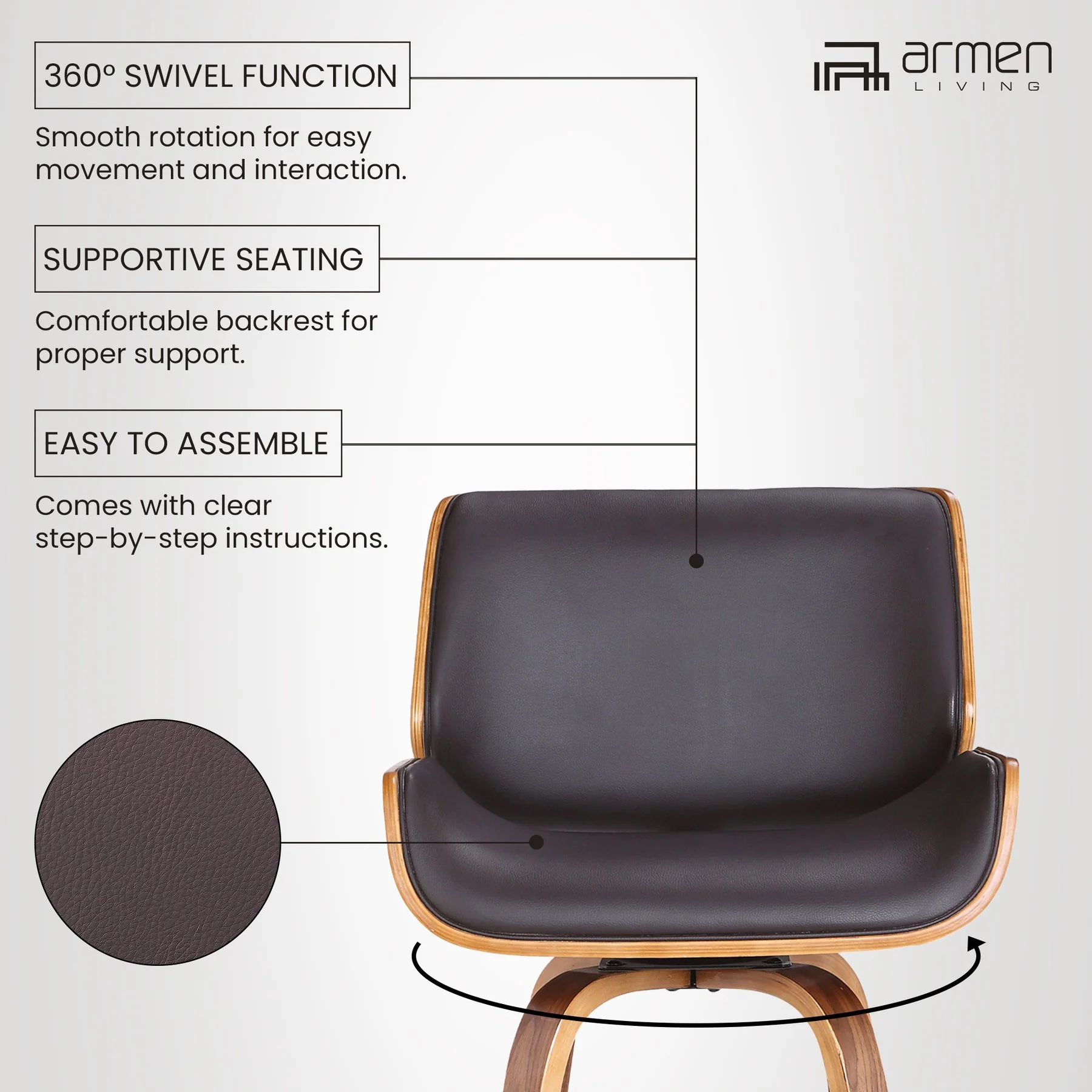 Tyler 26" Counter Height Swivel Brown Faux Leather and Walnut Wood Bar Stool - Image 11