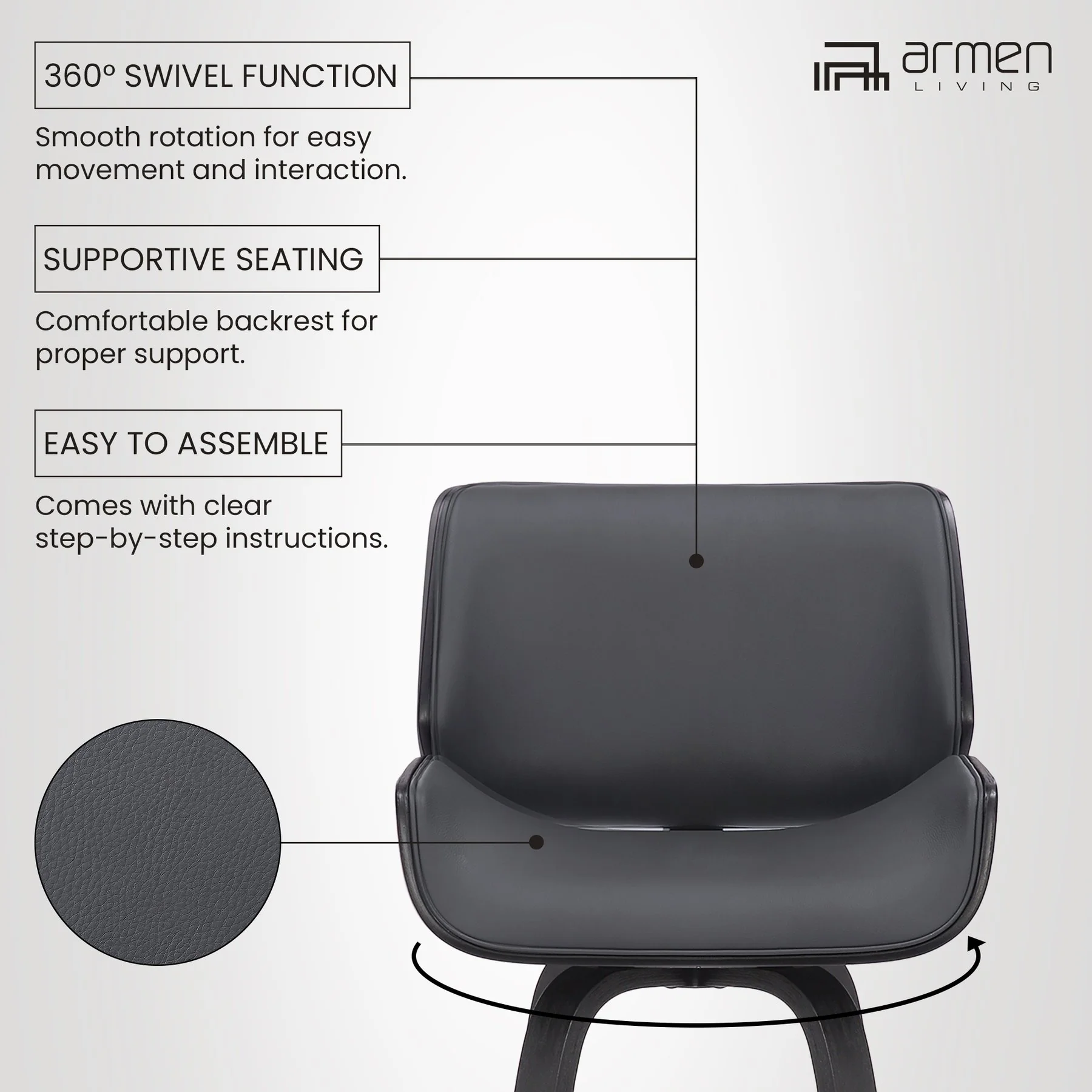 Tyler 26" Counter Height Swivel Gray Faux Leather and Black Wood Bar Stool - Image 11