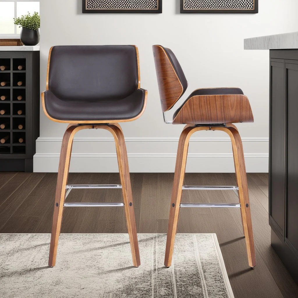Tyler 30" Bar Height Swivel Brown Faux Leather and Walnut Wood Bar Stool - Image 10