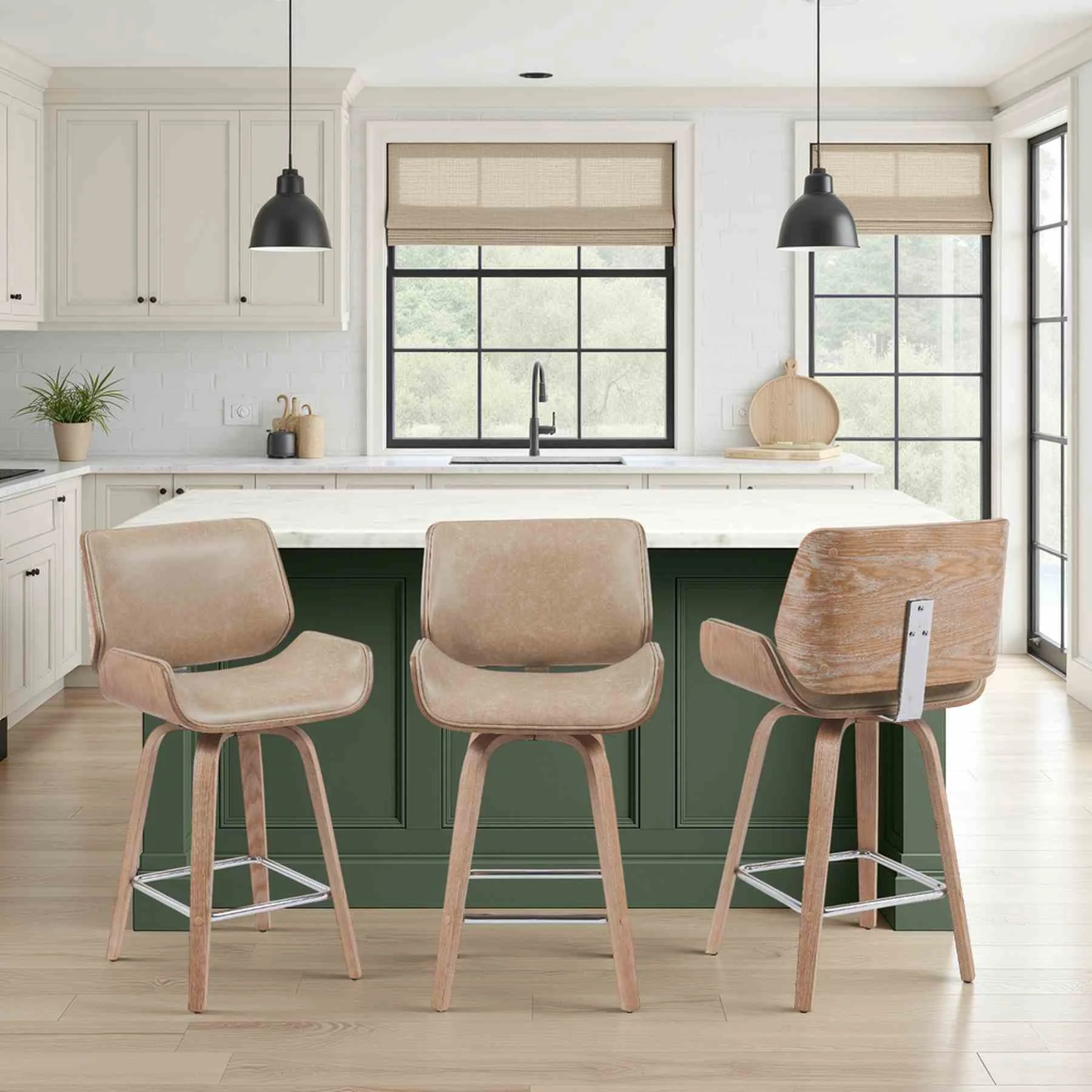 Tyler Modern Counter Height Swivel  Bar Stool with White Wash Finished Wood and Vintage Brown Upholstery - Image 8