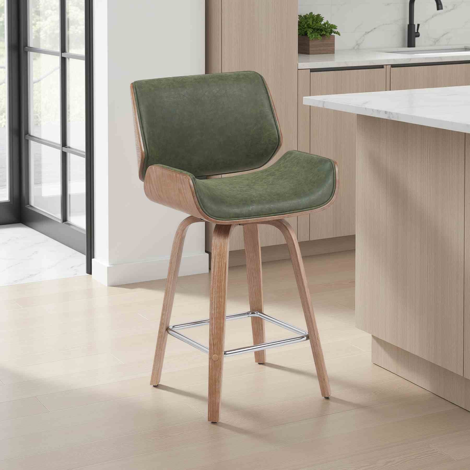 Tyler Modern Counter Height Swivel Bar Stool with White Wash Finished Wood and Vintage Green Upholstery - Image 7