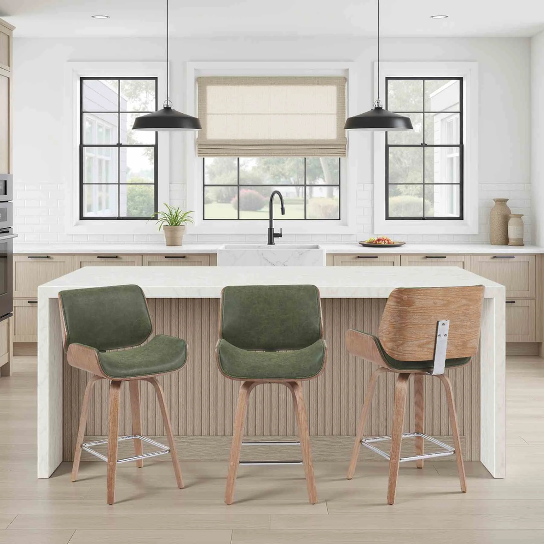 Tyler Modern Counter Height Swivel Bar Stool with White Wash Finished Wood and Vintage Green Upholstery - Image 8
