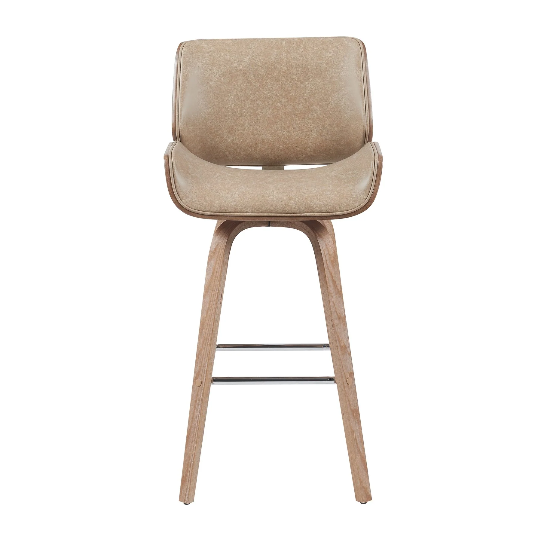 Tyler Modern Swivel Bar Stool with White Wash Finished Wood and Vintage Brown Upholstery - Image 2