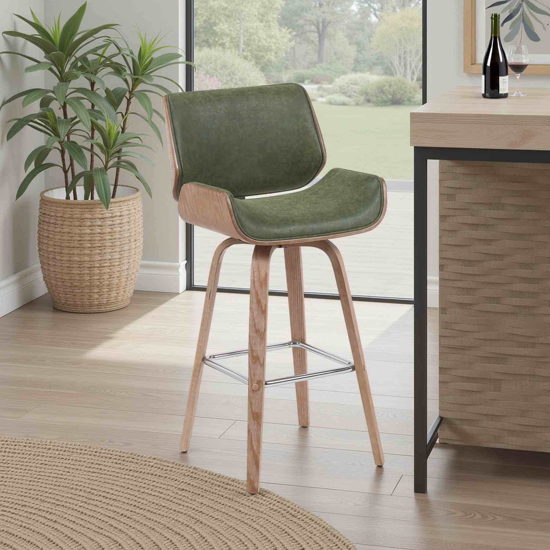Tyler Modern Swivel Bar Stool with White Wash Finished Wood and Vintage Green Upholstery - Image 7