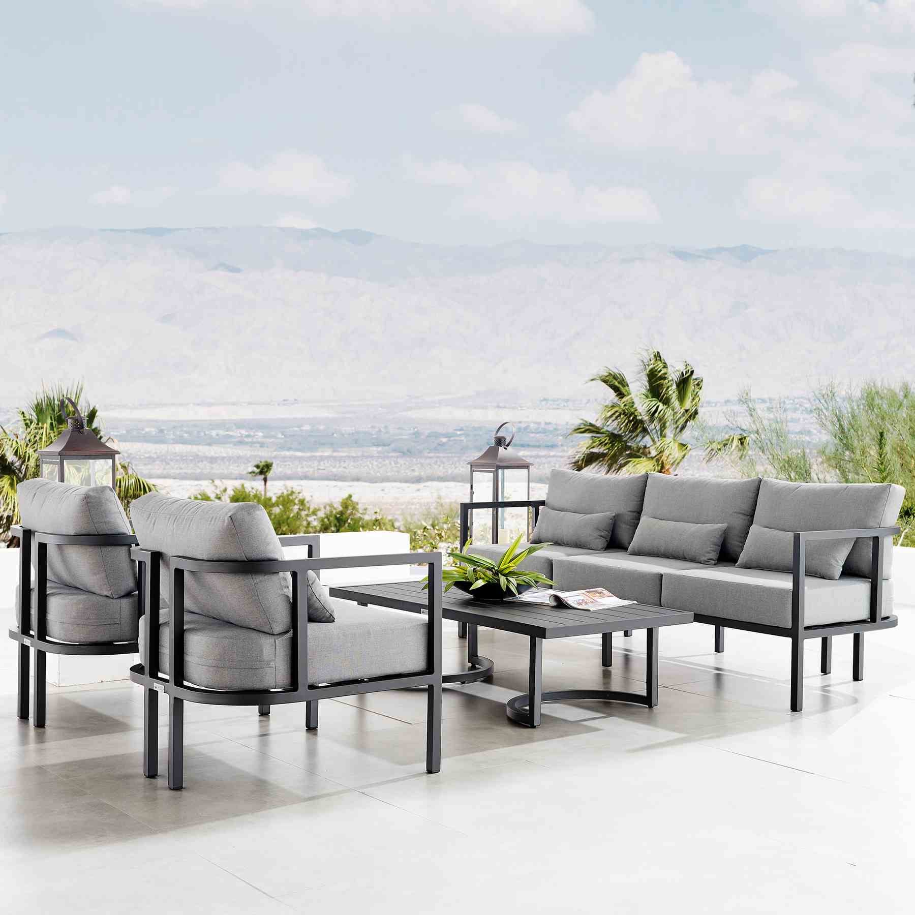 Valentina 4 Piece Dark Gray Aluminum Outdoor Seating Set with Dark Gray Cushions - Image 9