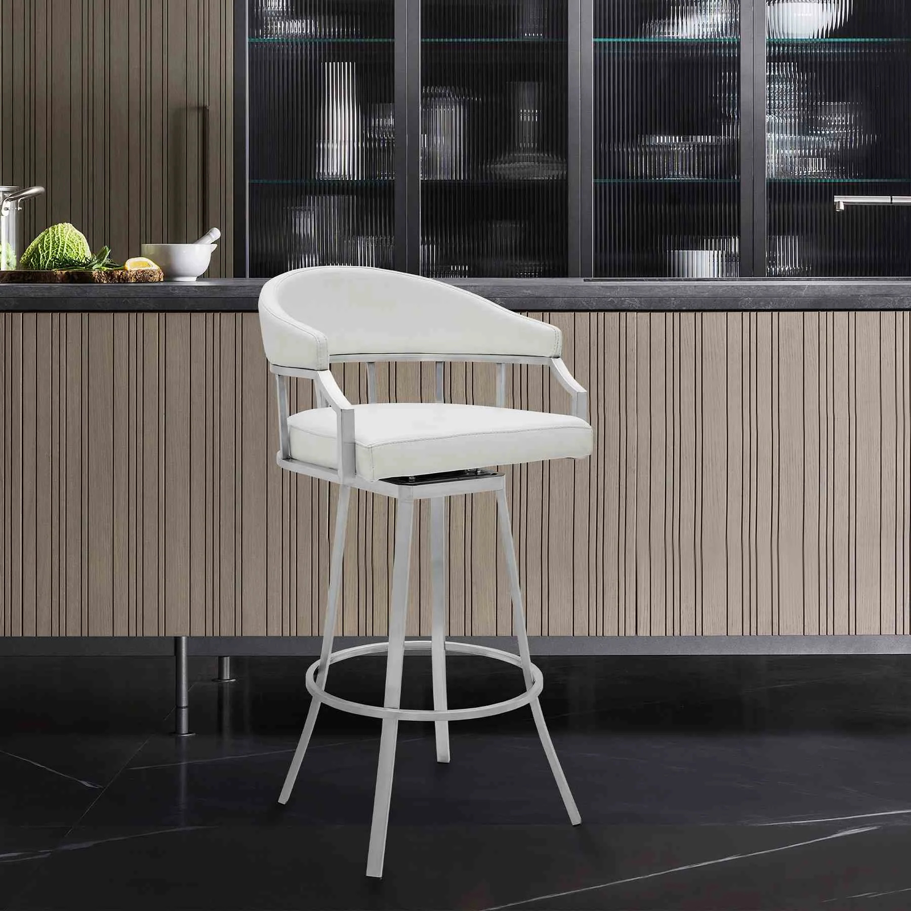 Valerie 26" Counter Height Swivel Modern White Faux Leather Bar and Counter Stool in Brushed Stainless Steel Finish - Image 7