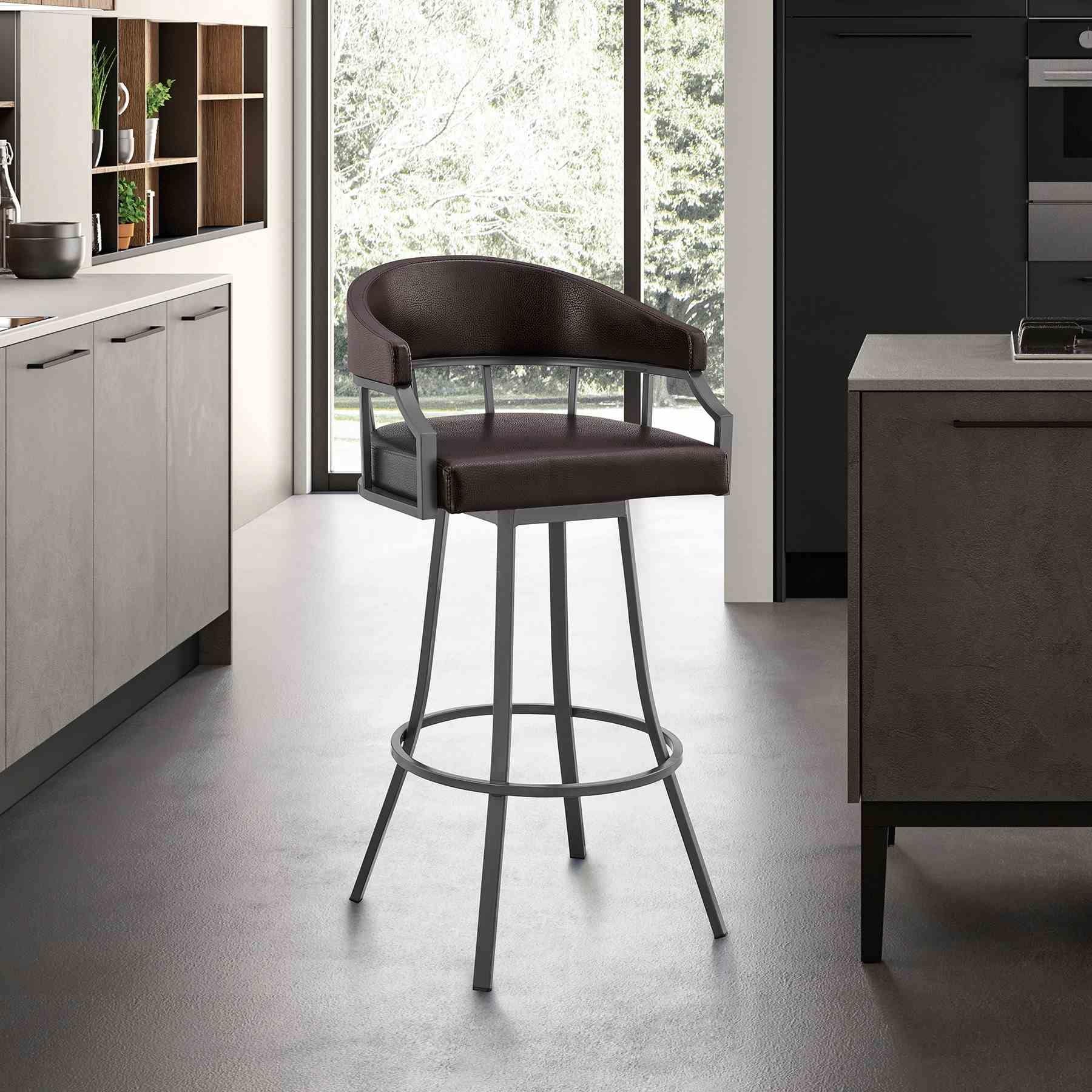 Valerie 30" Swivel Brown Faux Leather and Java Brown Metal Bar Stool - Image 10