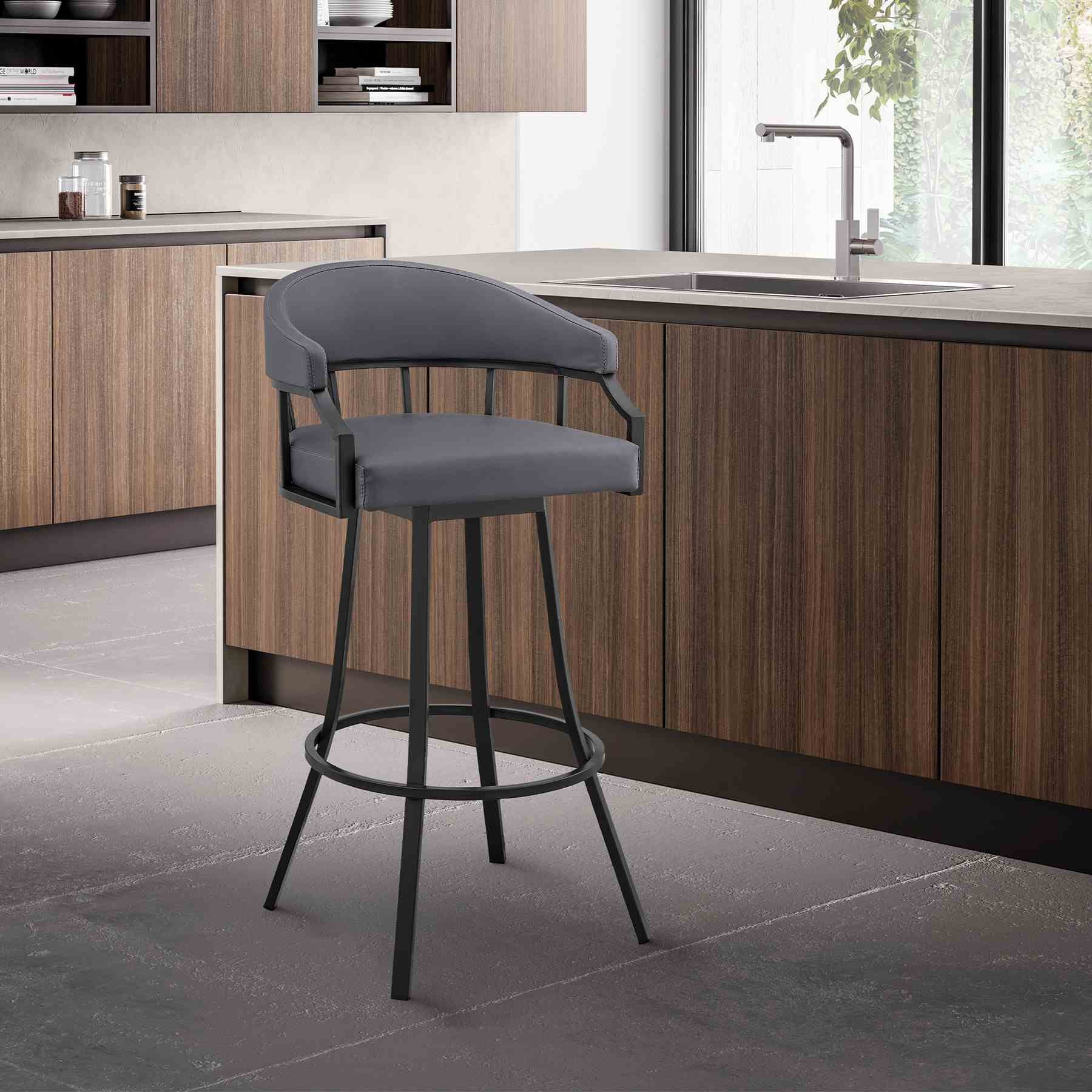 Valerie 30" Swivel Slate Gray Faux Leather and Black Metal Bar Stool - Image 10