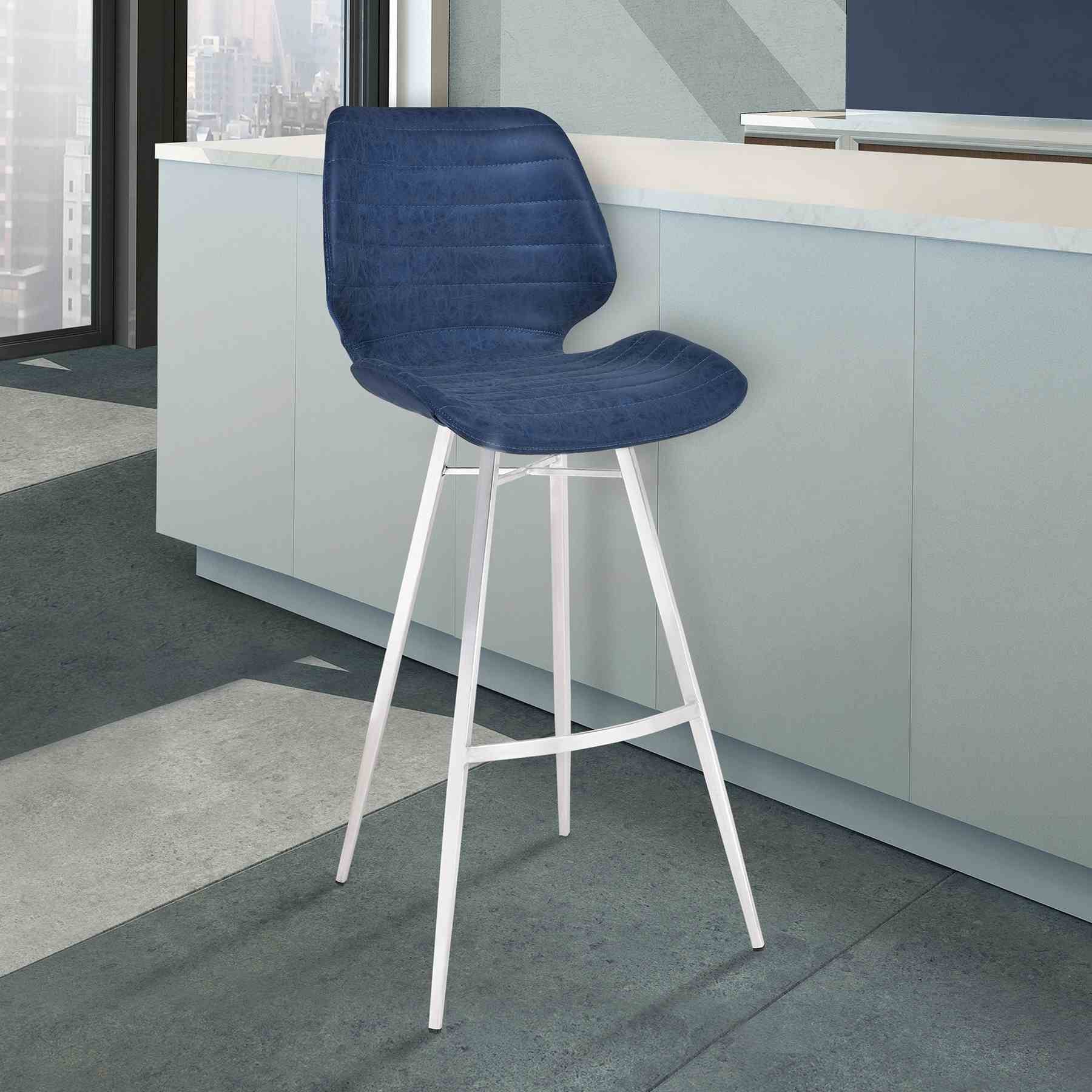 Valor 30" Bar Height Barstool in Brushed Stainless Steel with Dark Vintage Blue Faux Leather - Image 7